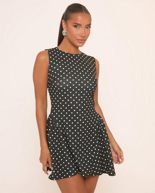 Sleeveless Puff Hem Mini Dress In Black Polka Dot