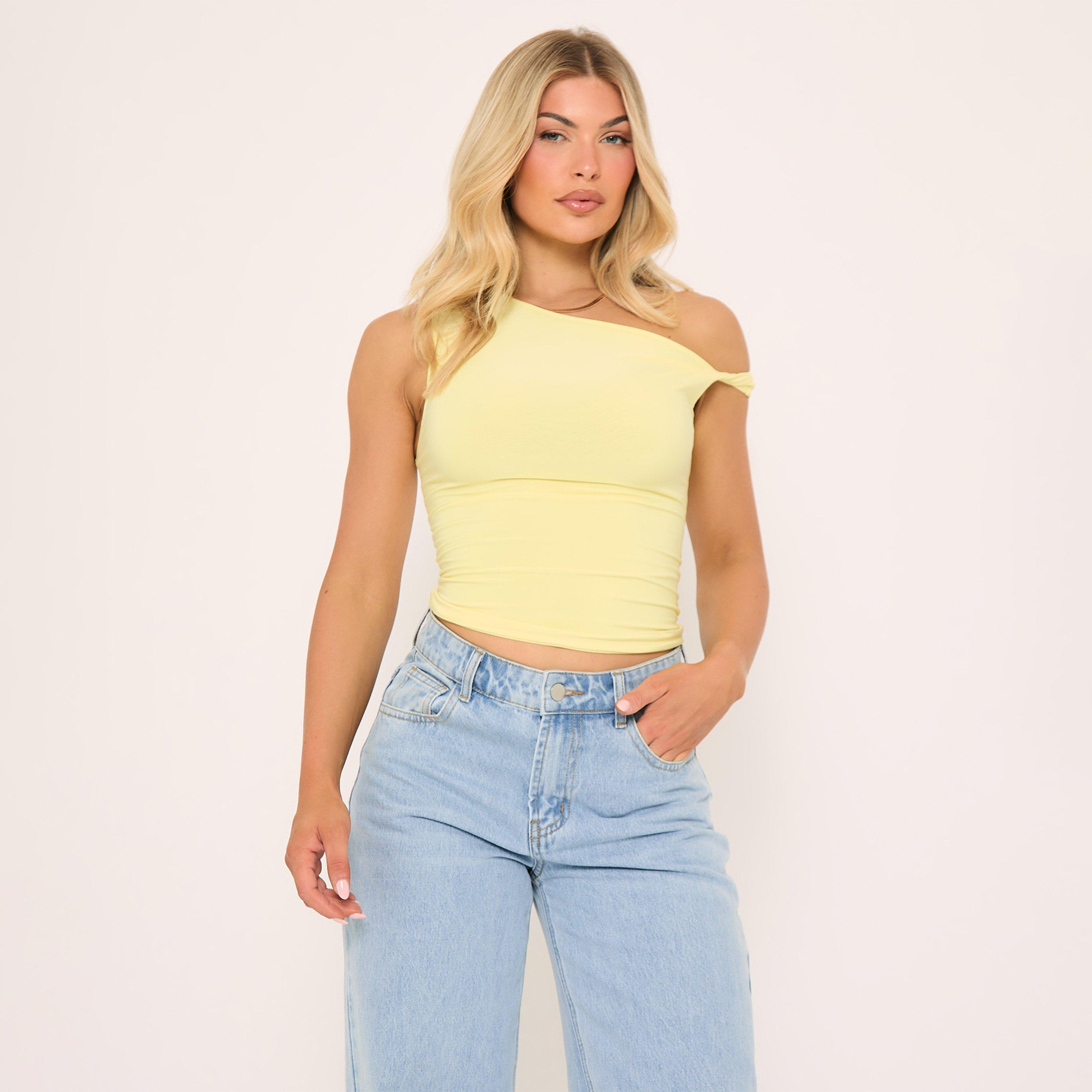 Twist Strap Detail Top In Yellow Slinky, Women's Size UK 6