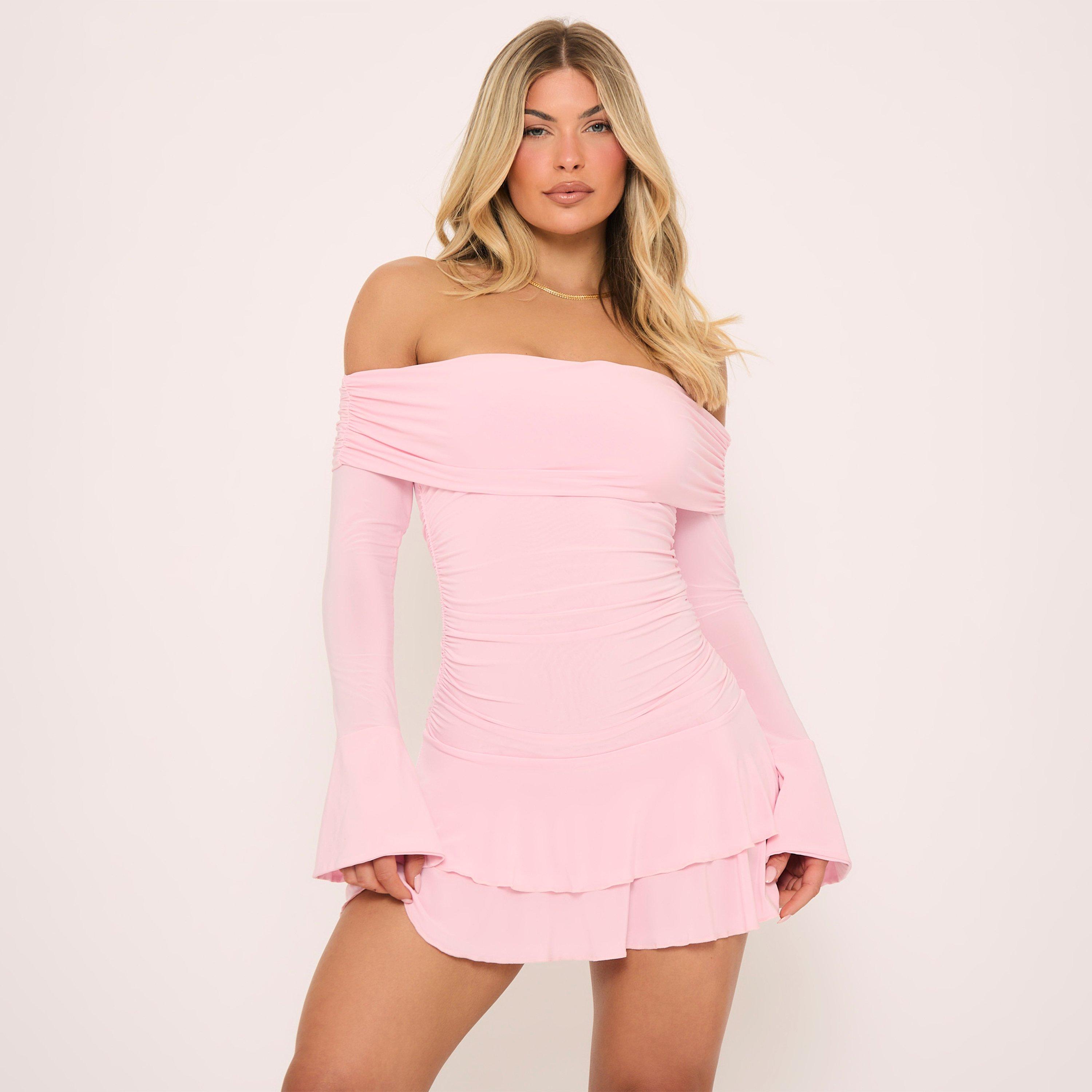Long Sleeve Bardot Mini Dress In Pink Slinky, Women’s