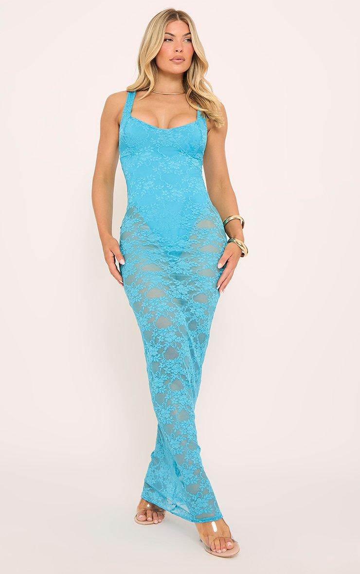 Scoop Neck Bodysuit Insert Maxi Dress In Blue Lace | EGO EU | EGO