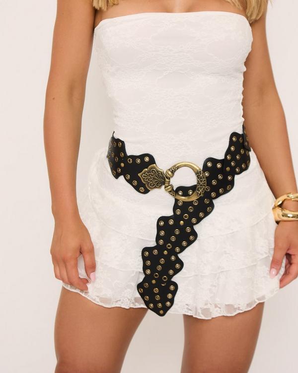 Eyelet Detail Oversized Belt In Black Faux Leather