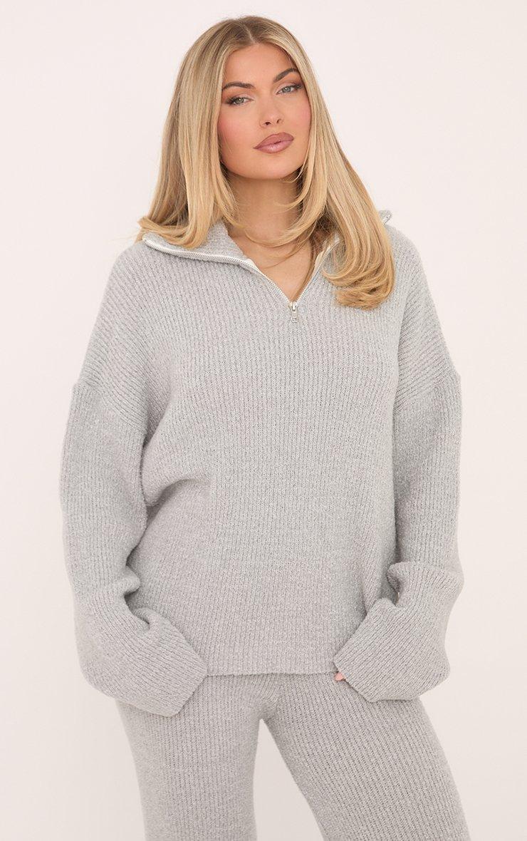 Long Sleeve Quarter Zip Jumper In Grey Fluffy Knit | EGO US | EGO