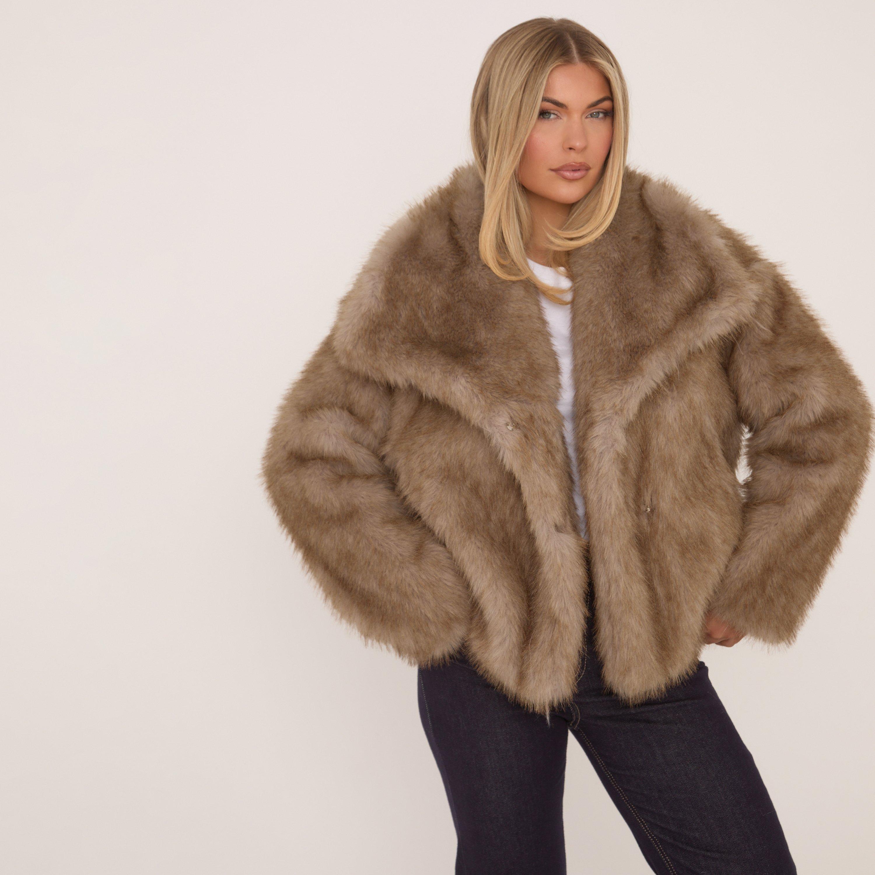 Oversized Collar Detail Cropped Fur Jacket In Two Tone Beige, Women's Size UK 12