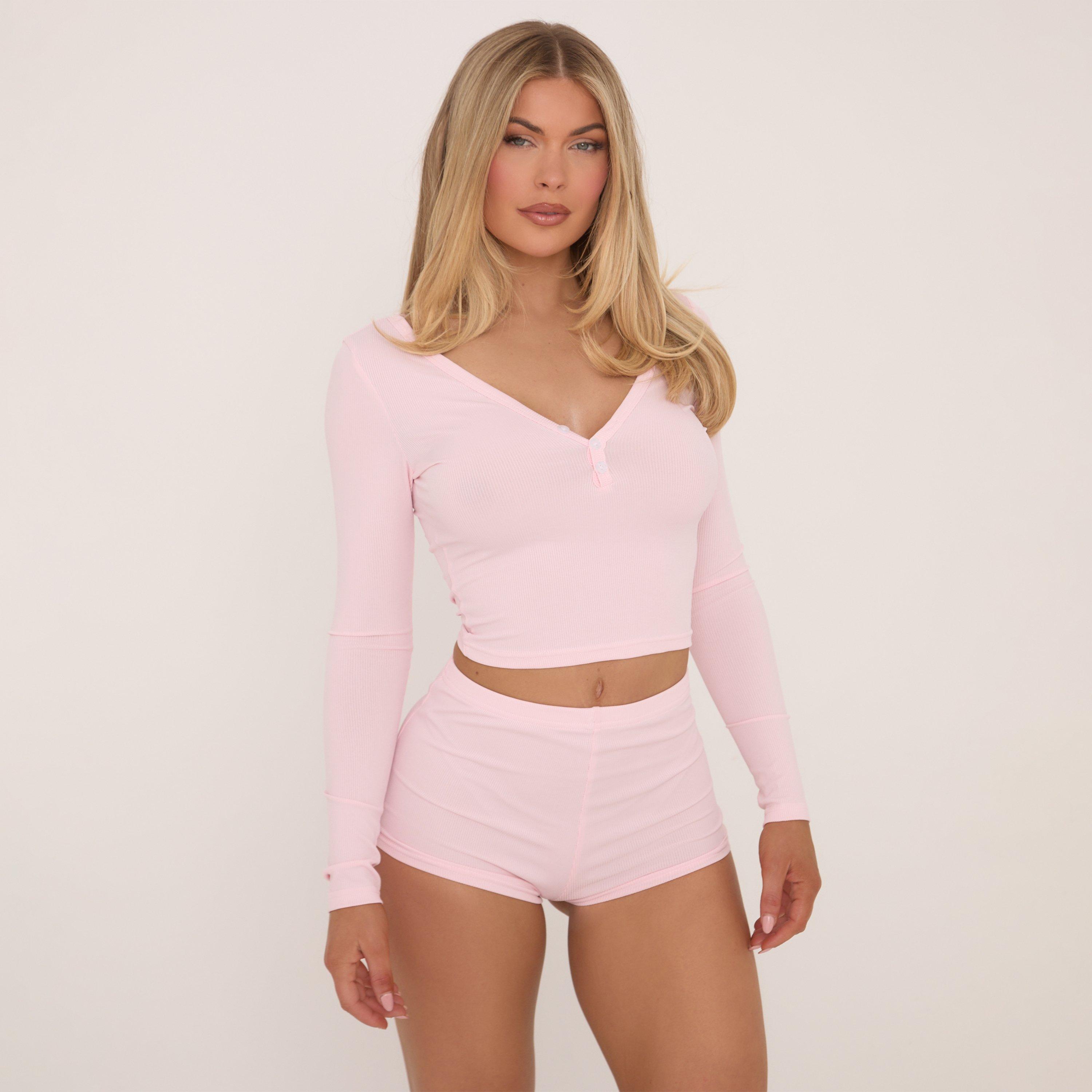 Long Sleeve Button Front Top And Shorts Pyjama Set In Baby Pink, Women's Size UK M