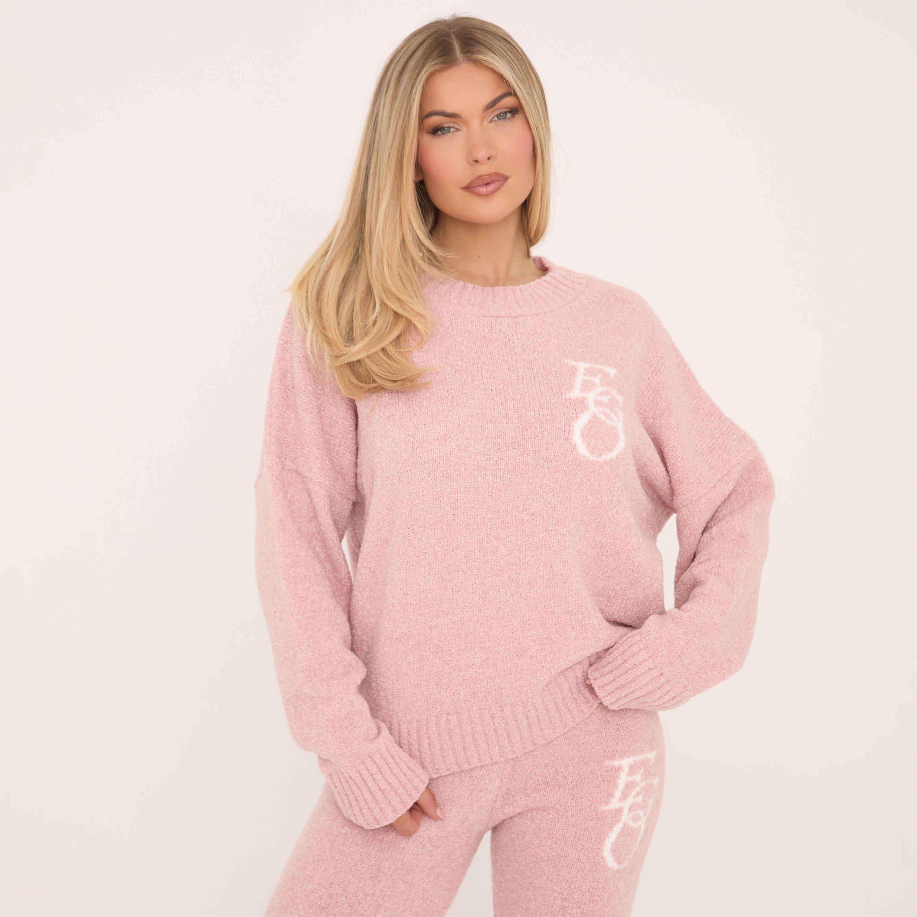 Long Sleeve Crew Neck Ego Graphic Oversized Jumper In Baby Pink Knit, Women’s