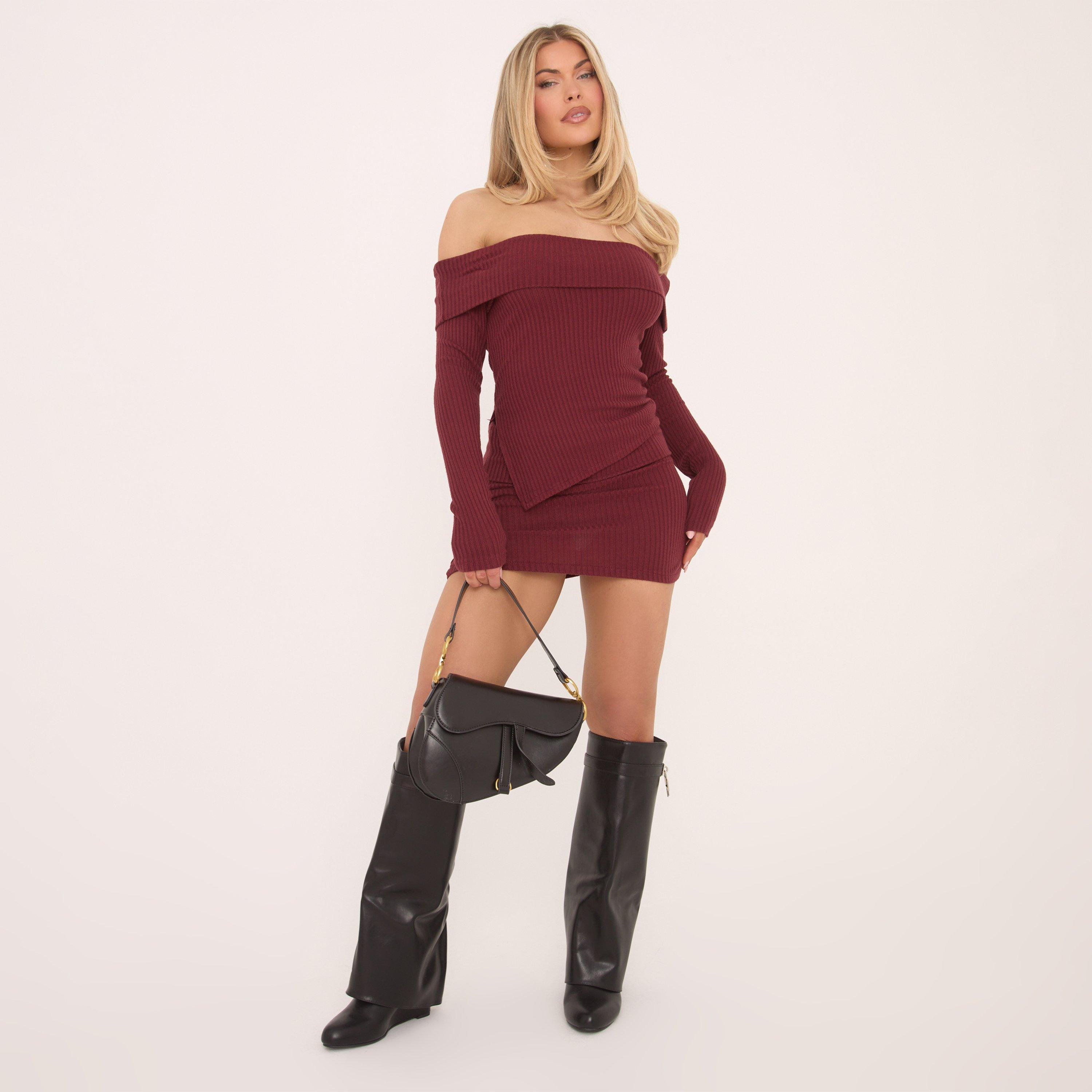 Fold Over Waistband Mini Bodycon Skirt In Burgundy Soft Ribbed, Women’s