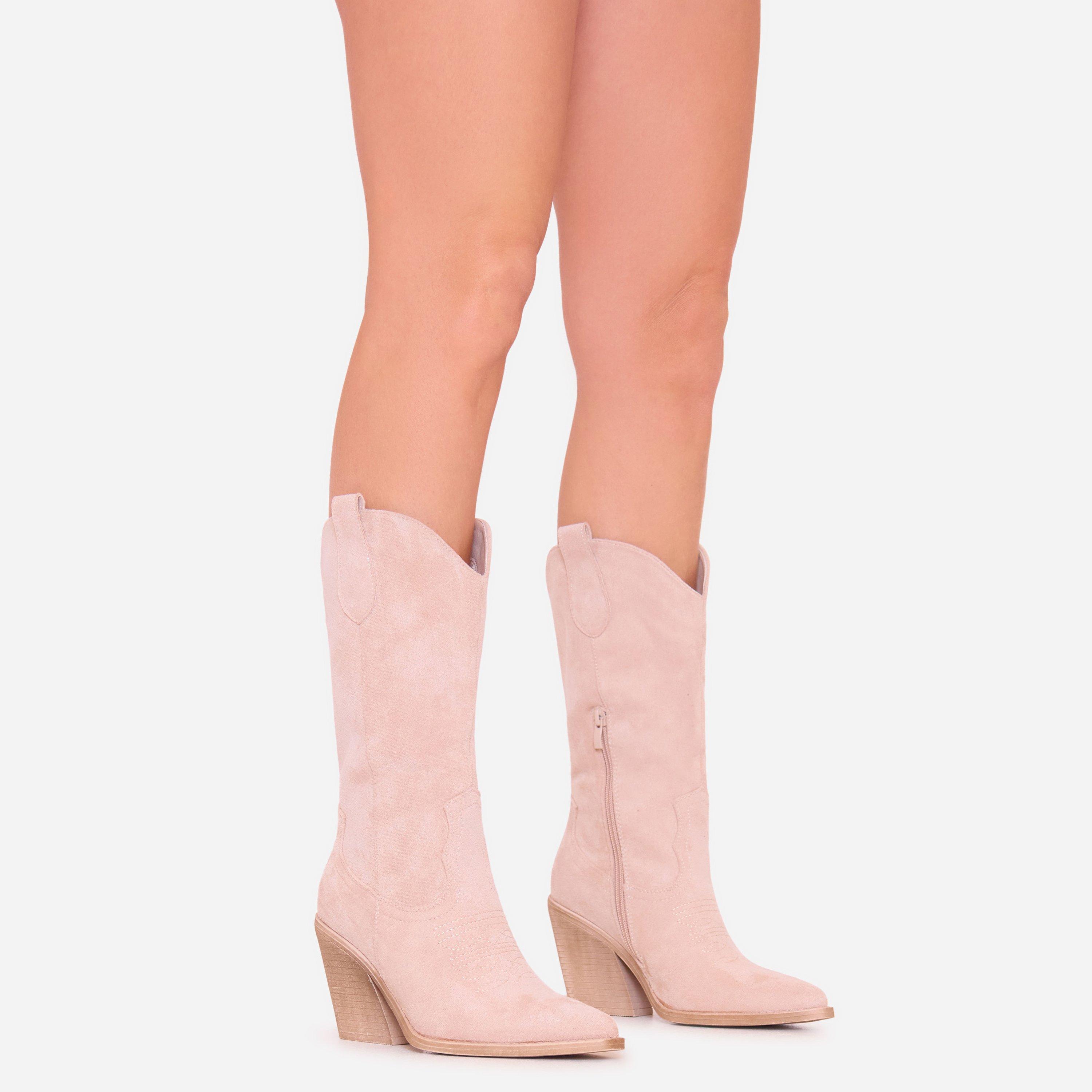 Roxer Embroidered Detail Pointed Toe Mid Calf Western Cowboy Boot In Nude Faux Suede, Women’s