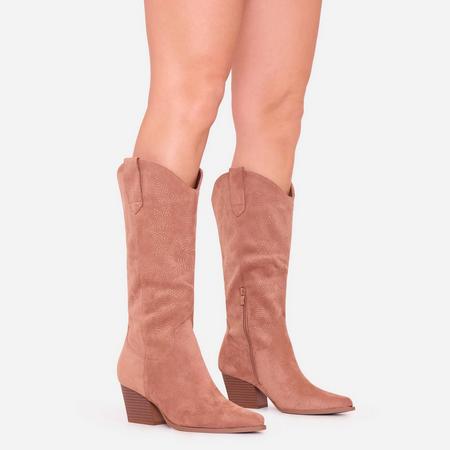 Paddle Embroidered Detail Pointed Toe Mid Calf Western Cowboy Boot In Tan Brown Faux Suede, Women's Size US