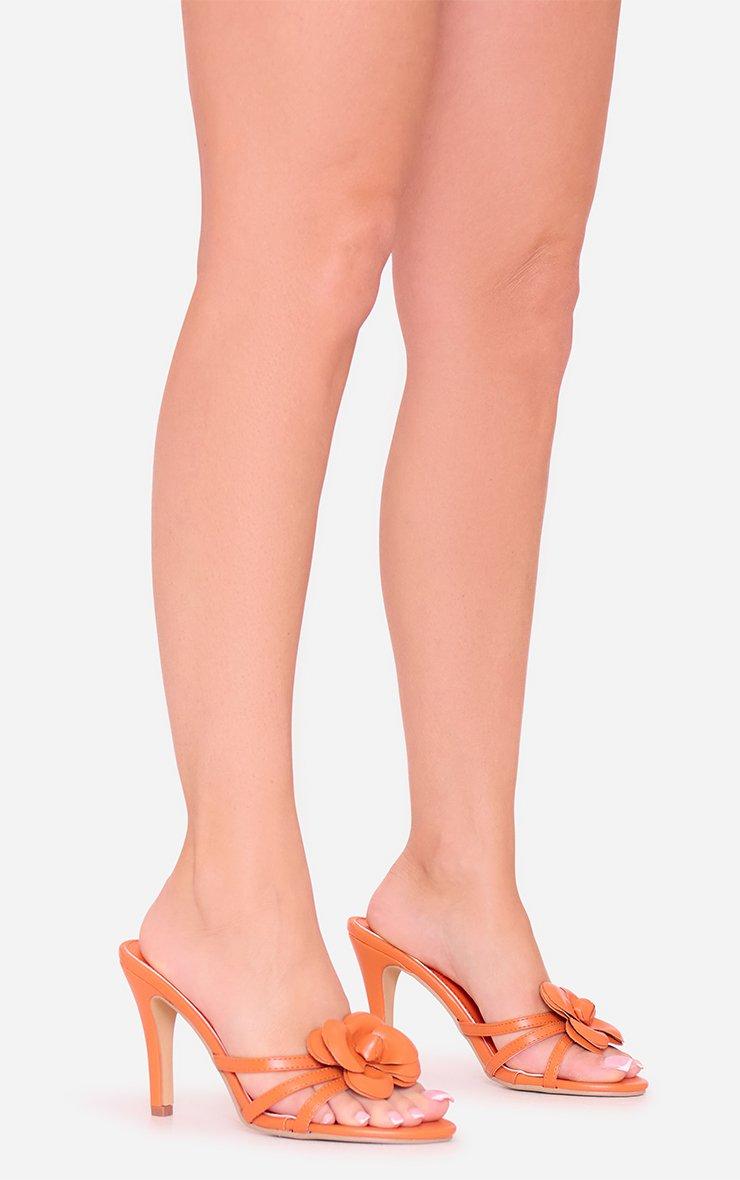Maim Floral Detail Strappy Heel Mule In Orange Faux Leather