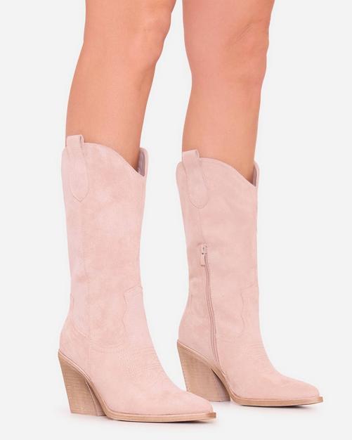 Roxer Embroidered Detail Pointed Toe Mid Calf Western Cowboy Boot In Nude Faux Suede