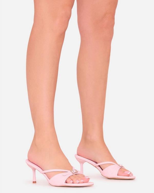 Knight Buckle Detail Heel Mule In Pink Croc Print Faux Leather