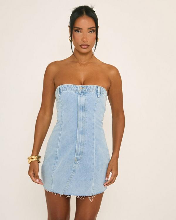 Bandeau Button Detail Fitted Mini Dress In Blue Denim