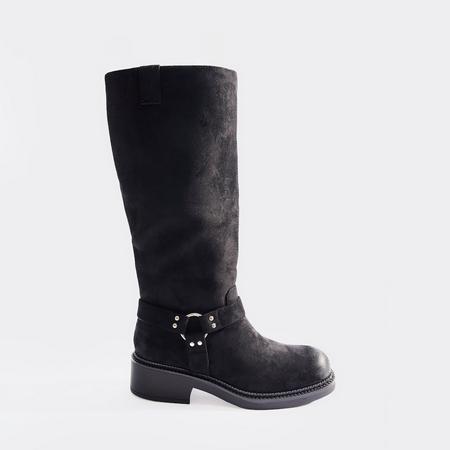 Moana Side Ring Detail Knee High Long Boot In Black Faux Suede, Women's Size US