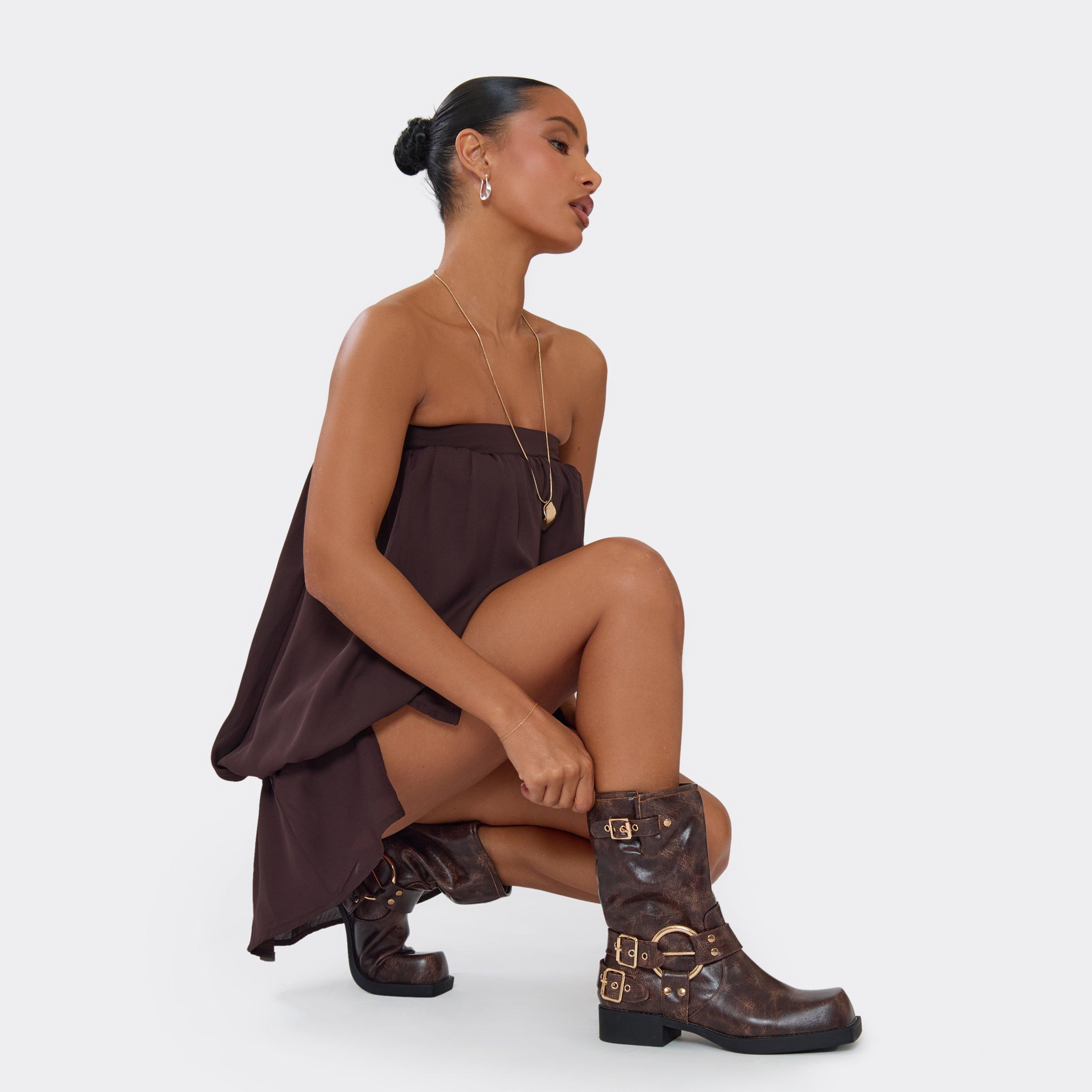 Elsanna Ring Detail Ankle Biker Boot In Brown Faux Leather, Women’s
