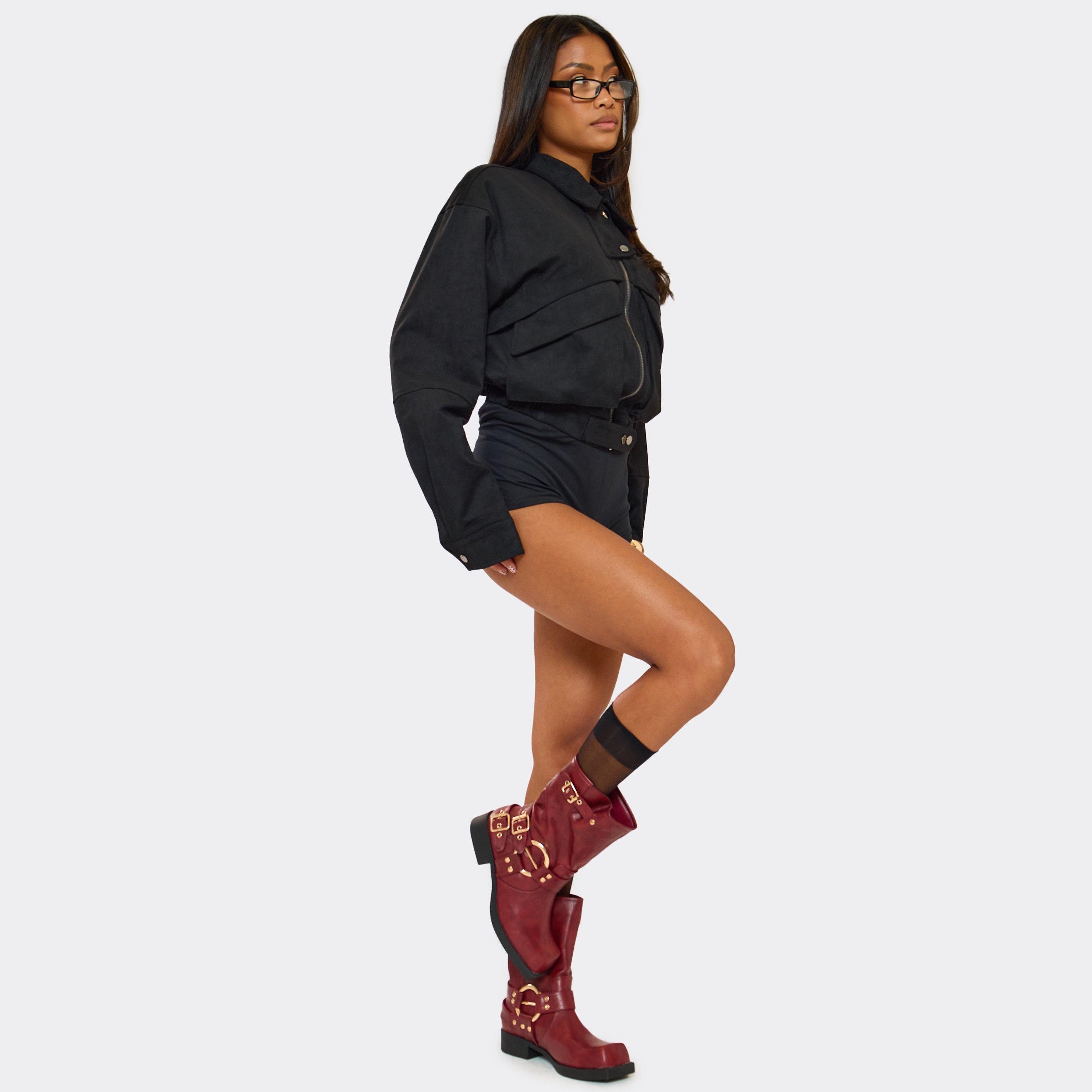 Elsanna Ring Detail Ankle Biker Boot In Burgundy Faux Leather, Women’s
