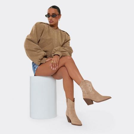 Yazmin Embroidered Detail Block Heel Pointed Toe Ankle Boot In Taupe Faux Suede, Women's Size US