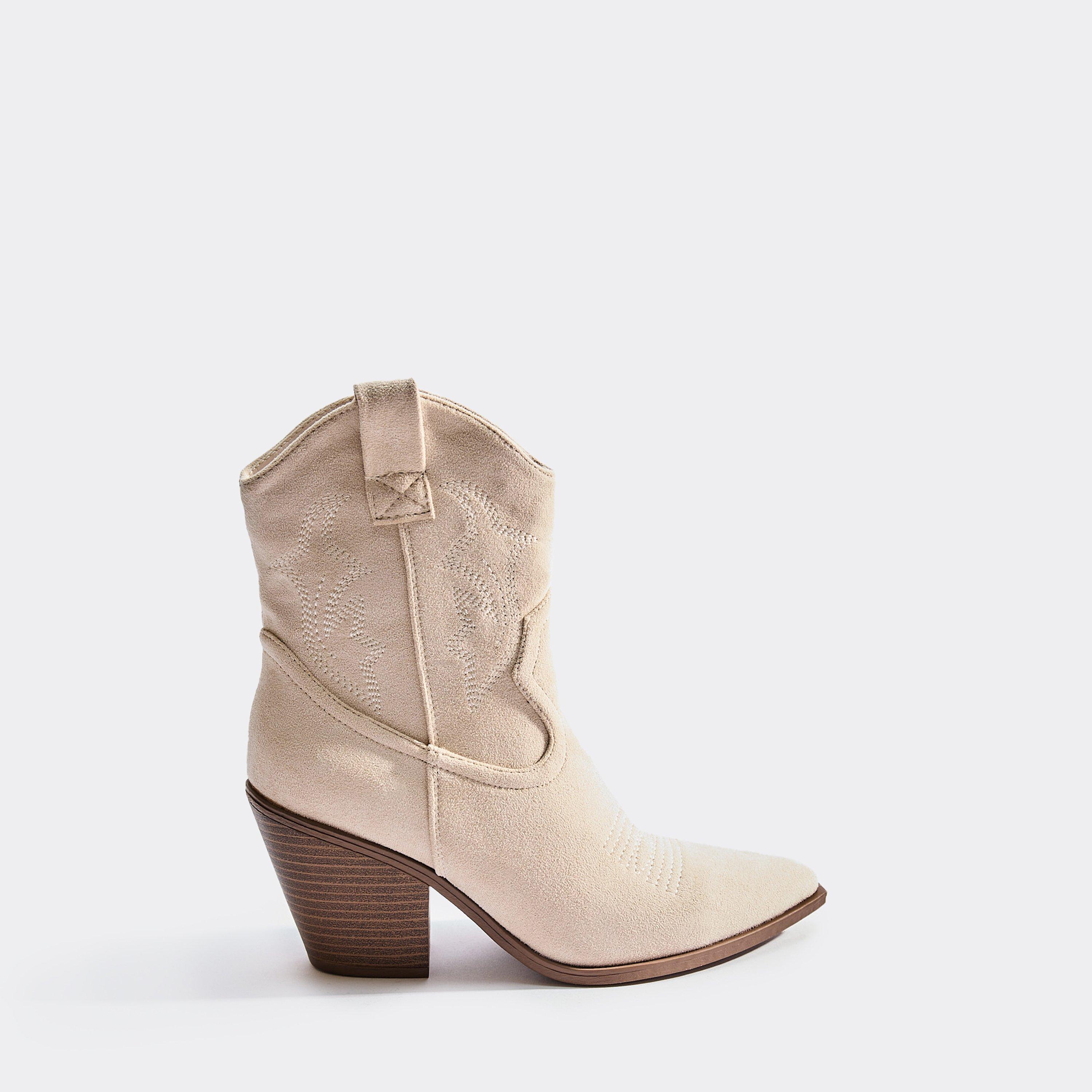 Yazmin Embroidered Detail Block Heel Pointed Toe Ankle Boot In Beige Faux Suede, Women’s