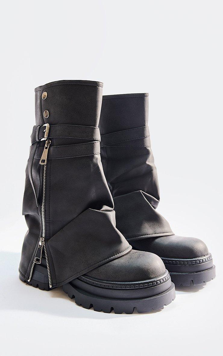 ぶた Pasata Stud Detail Side Zip Chunky Mid Calf Biker Boot In