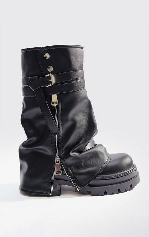 Buckle-Down Side Buckle Detail Mid Calf Biker Boot In Black Faux