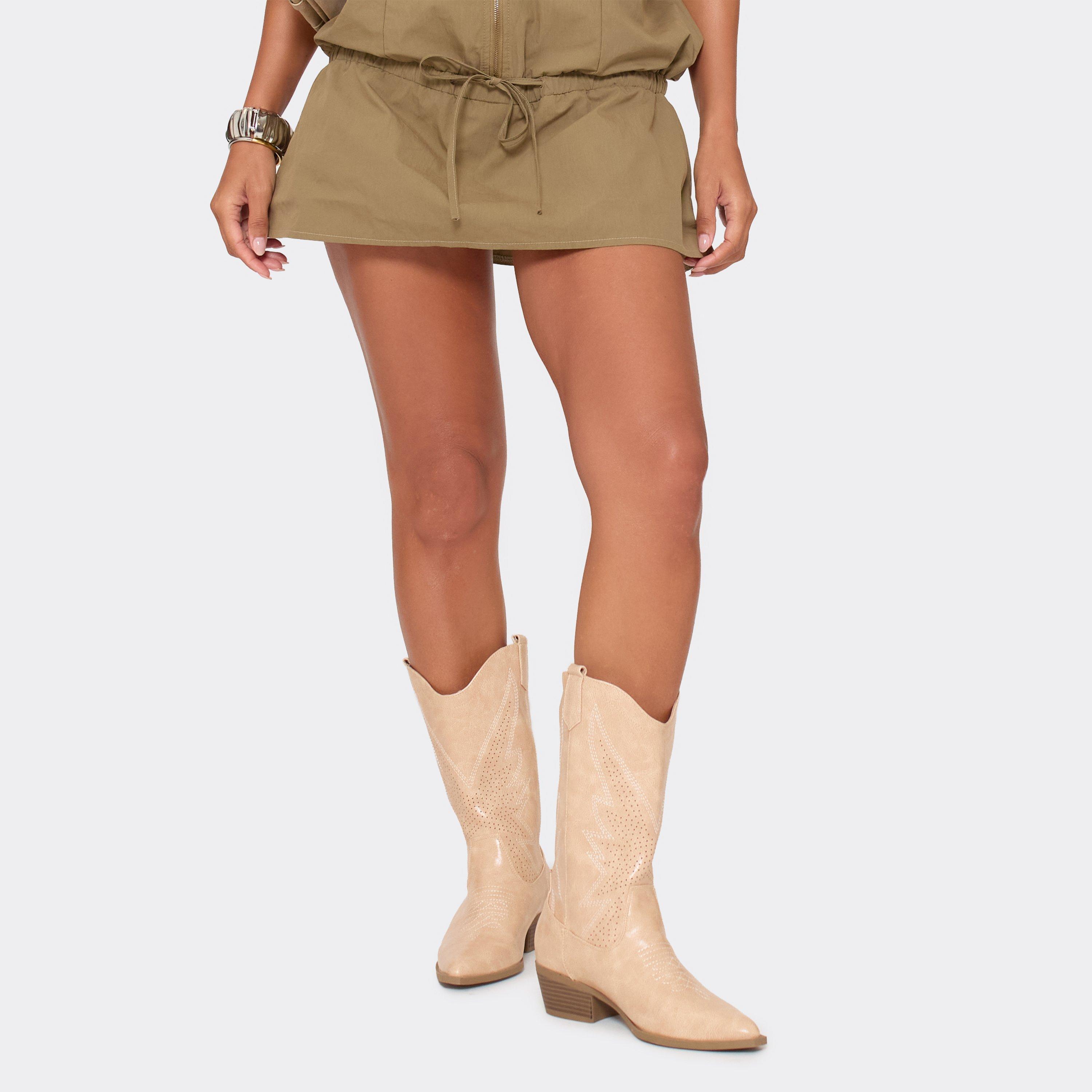Poinee Embroidered Detail Western Cowboy Ankle Boot In Beige Distressed Faux Leather, Women’s
