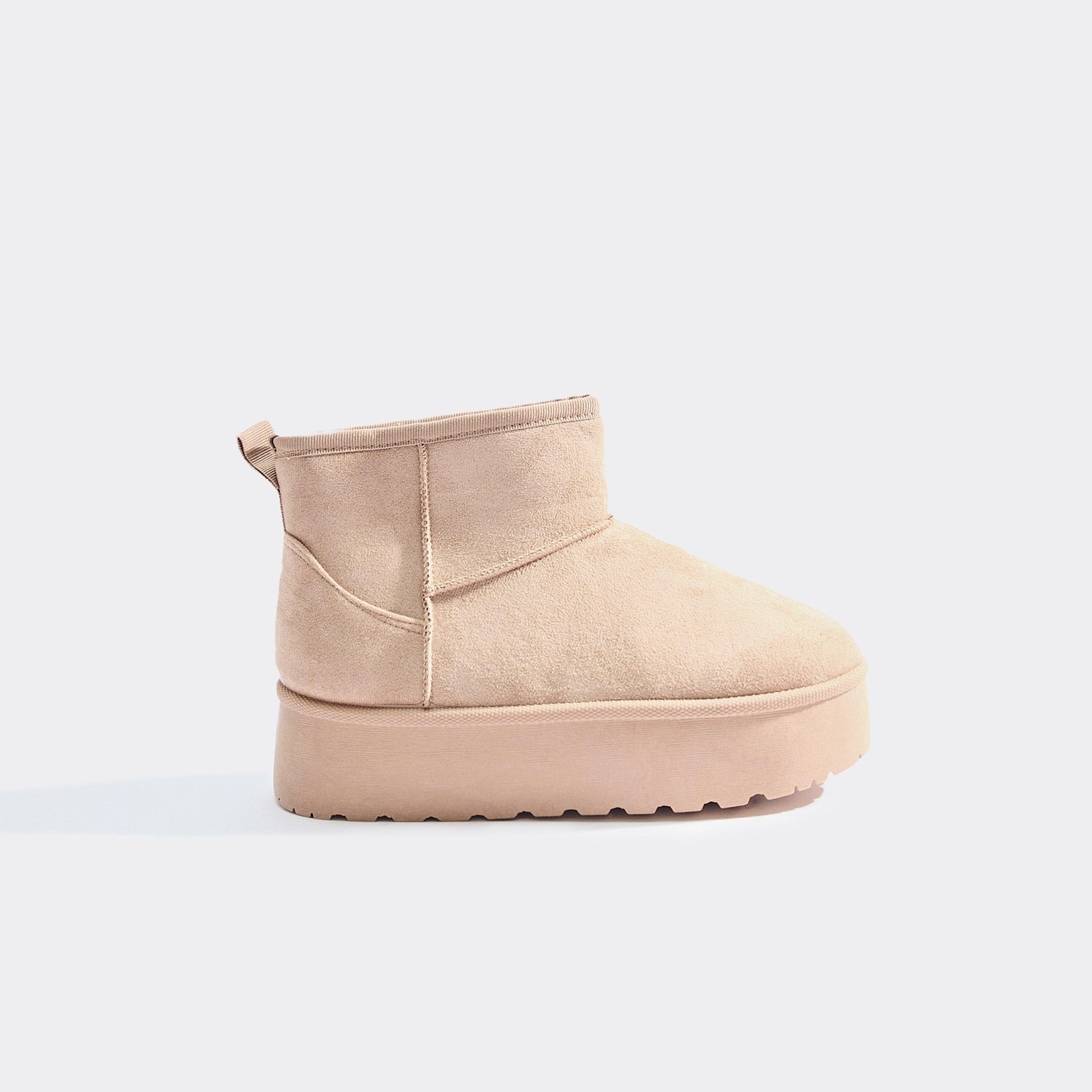 Pumpkin Platform Sole Faux Fur Lining Ankle Boot In Taupe Faux Suede, Women’s