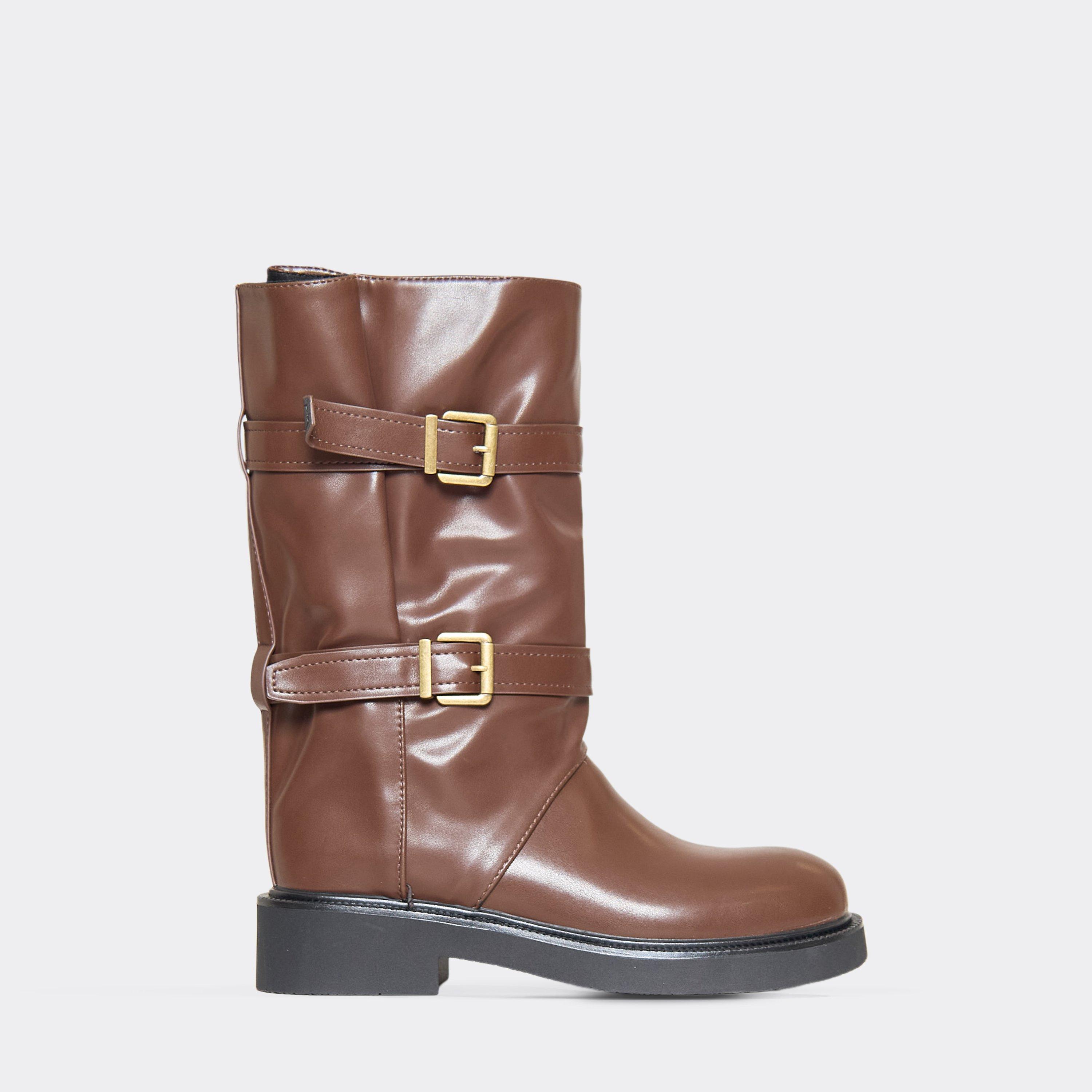 Enjoy Double Buckle Detail Mid Calf Biker Boot In Brown Faux Leather, Women’s