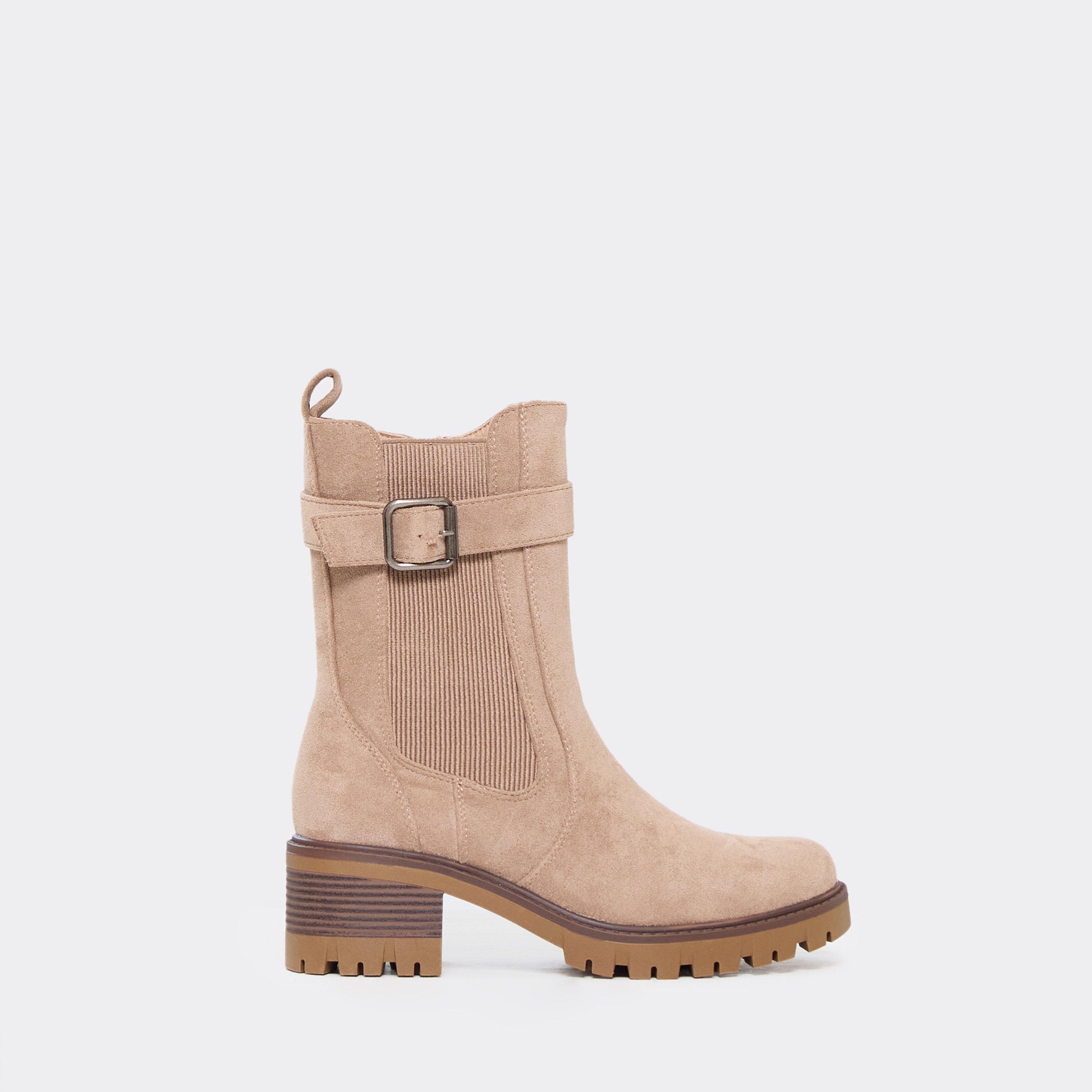 Ieaun Side Buckle Detail Elasticated Ankle Boot In Taupe Faux Suede, Women’s