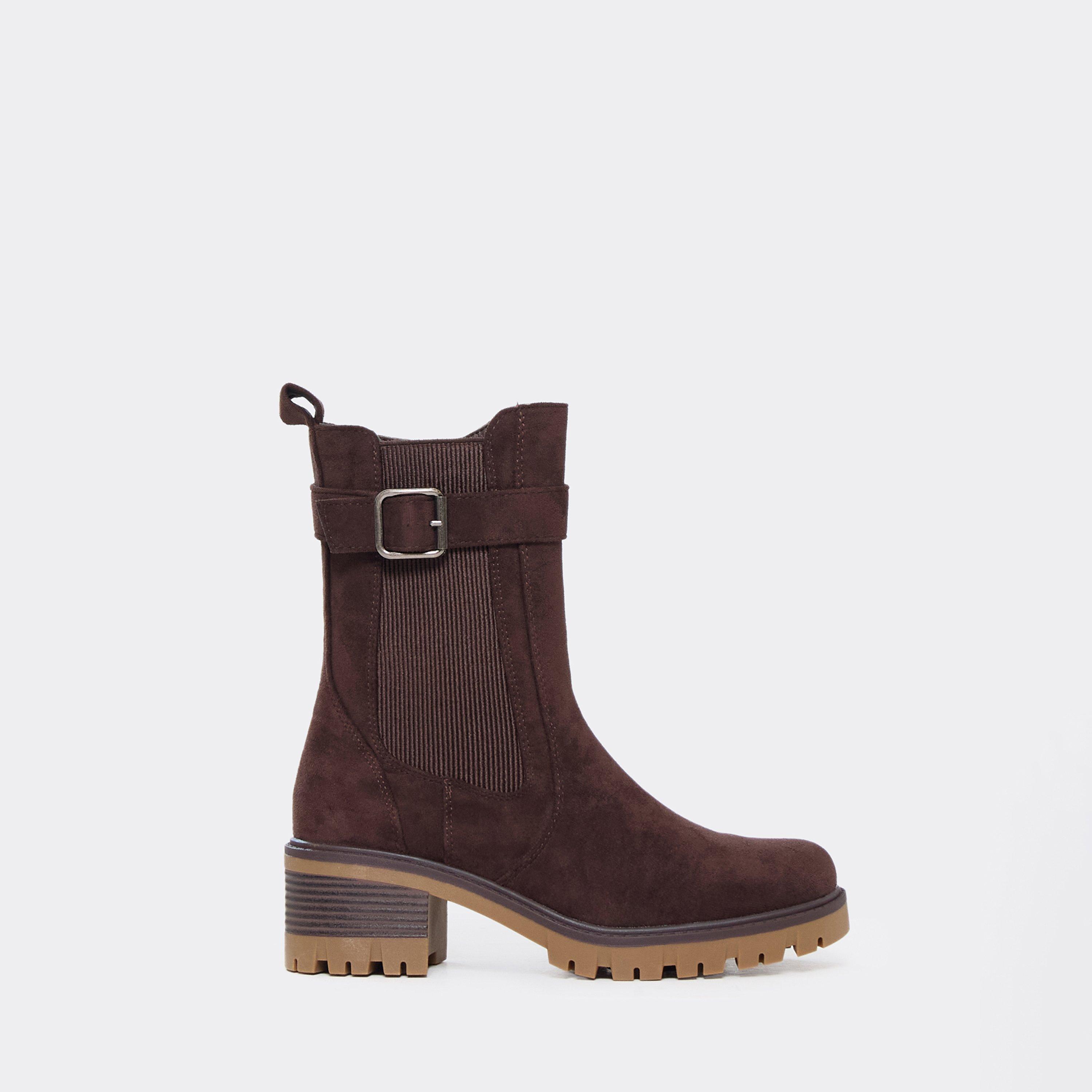 Ieaun Side Buckle Detail Elasticated Ankle Boot In Brown Faux Suede, Women’s