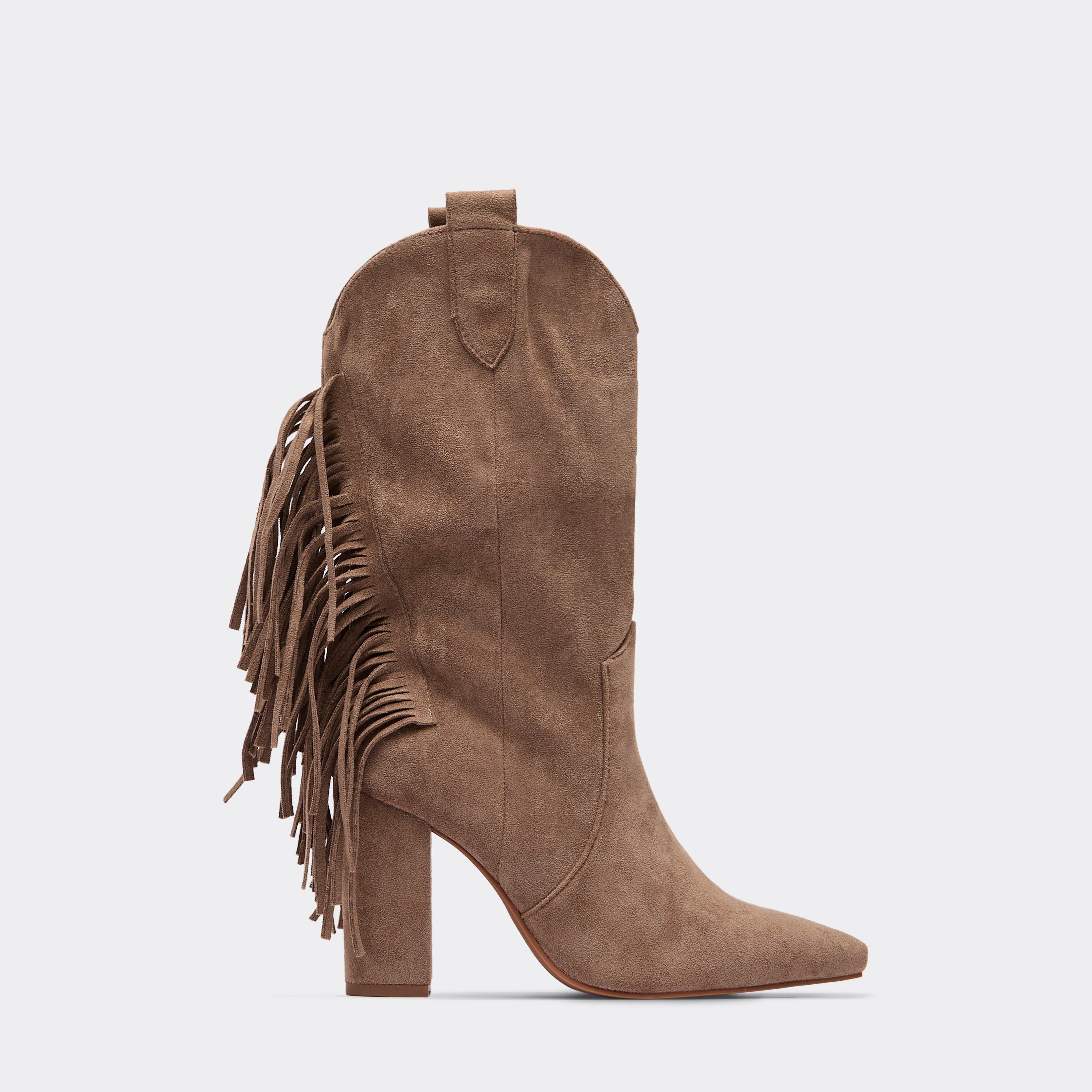 Tate Fringe Detail Pointed Toe Mid Calf Block Heel Western Cowboy Boot In Taupe Faux Suede, Women’s