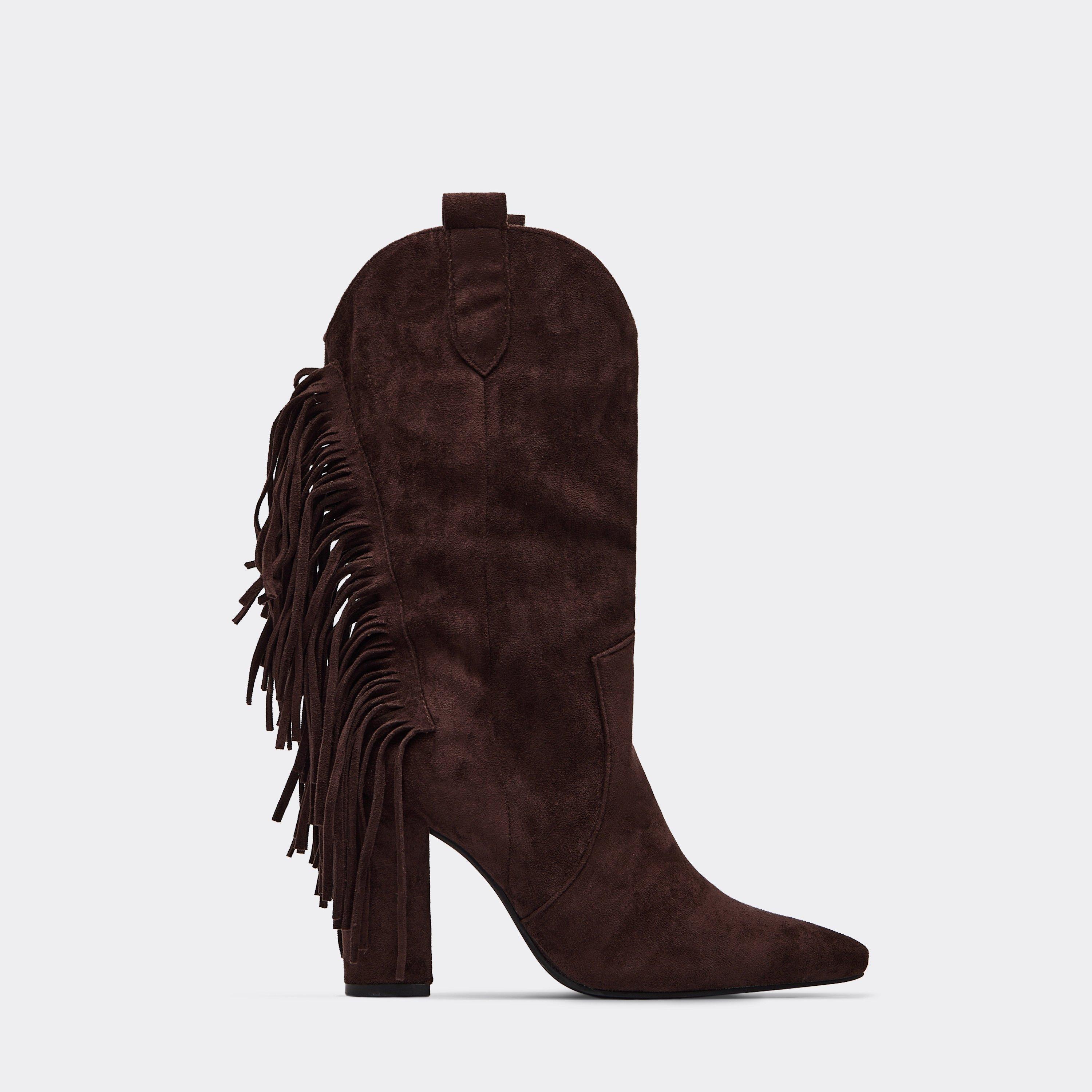 Tate Fringe Detail Pointed Toe Mid Calf Block Heel Western Cowboy Boot In Brown Faux Suede, Women’s