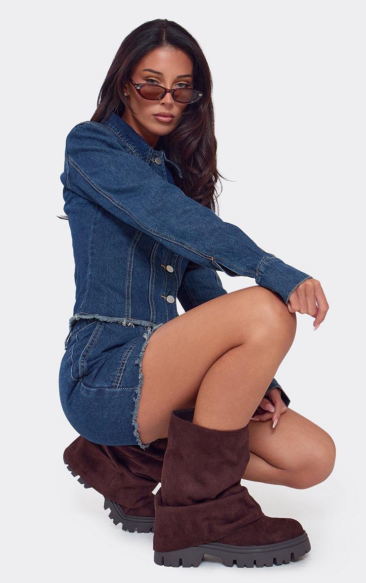 Jenni Layered Detail Mid Calf Biker Boot In Brown Faux Suede