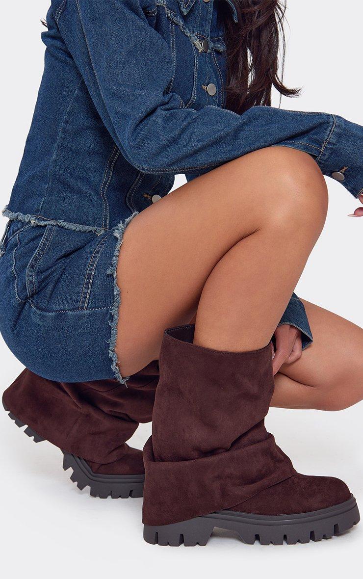 Jenni Layered Detail Mid Calf Biker Boot In Brown Faux Suede