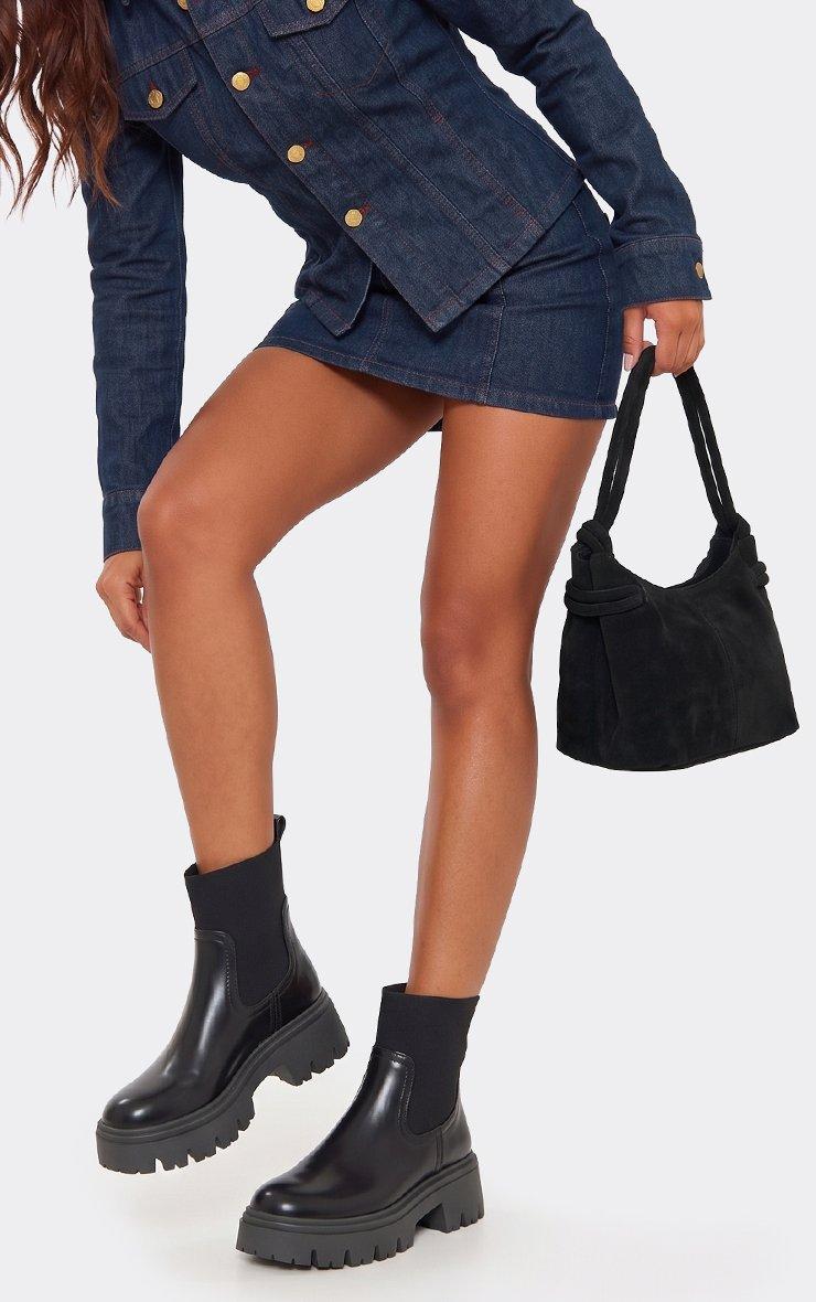 Flora Chunky Sole Ankle Chelsea Boot In Black Faux Leather