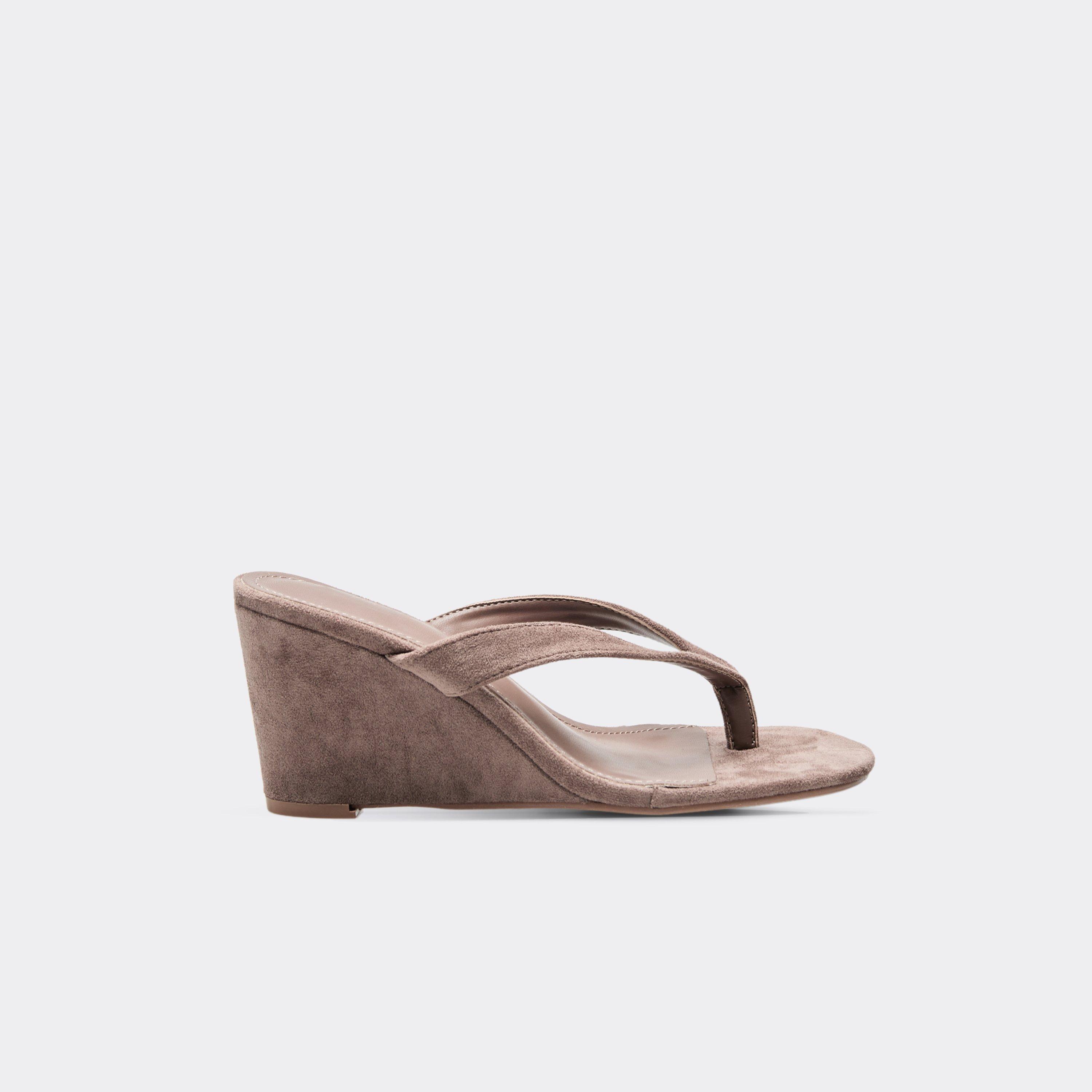 Alba Thong Strap Detail Wedge Heel In Taupe Faux Suede, Women’s