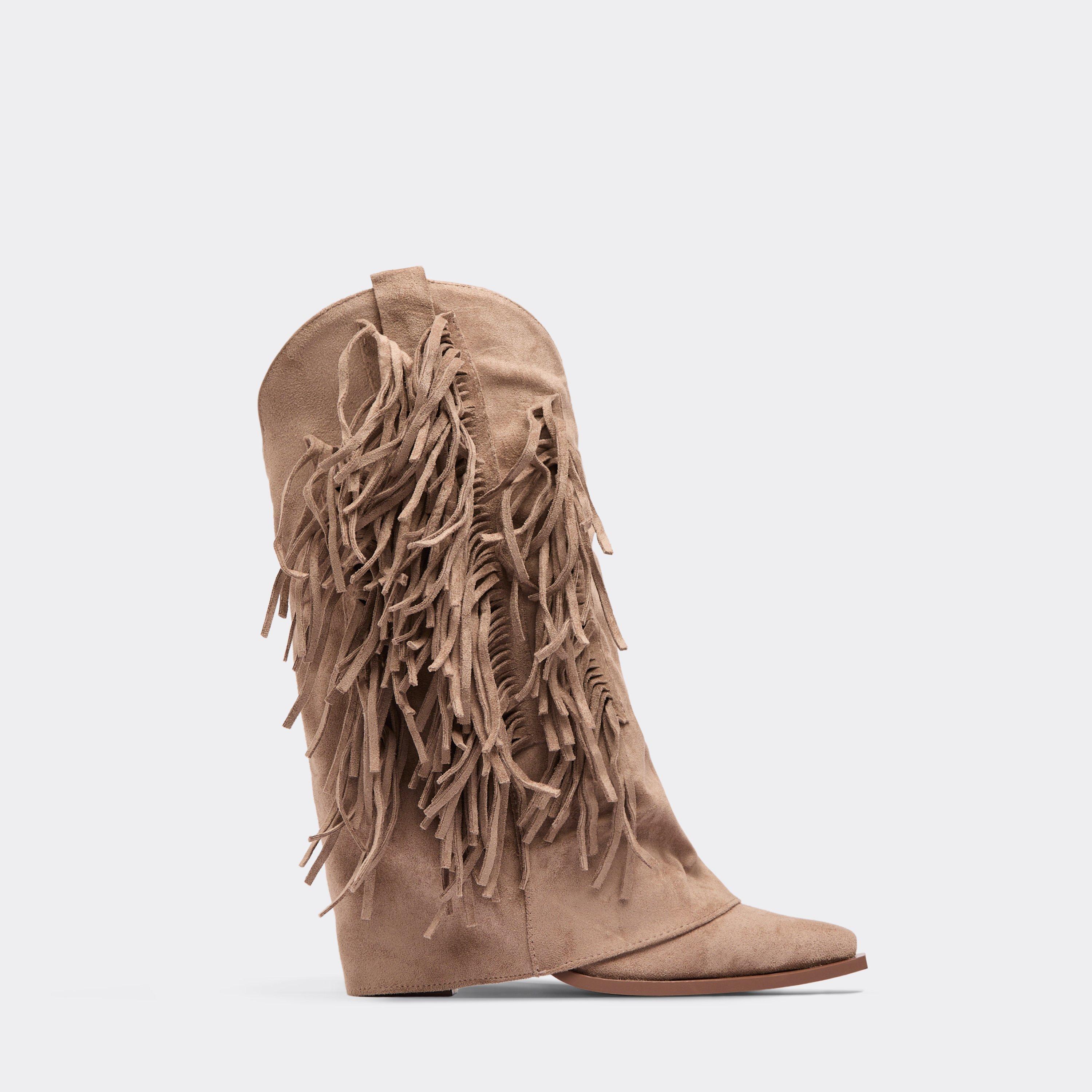 Darra Layered Fringe Detail Pointed Toe Western Cowboy Ankle Boot In Taupe Faux Suede, Women’s