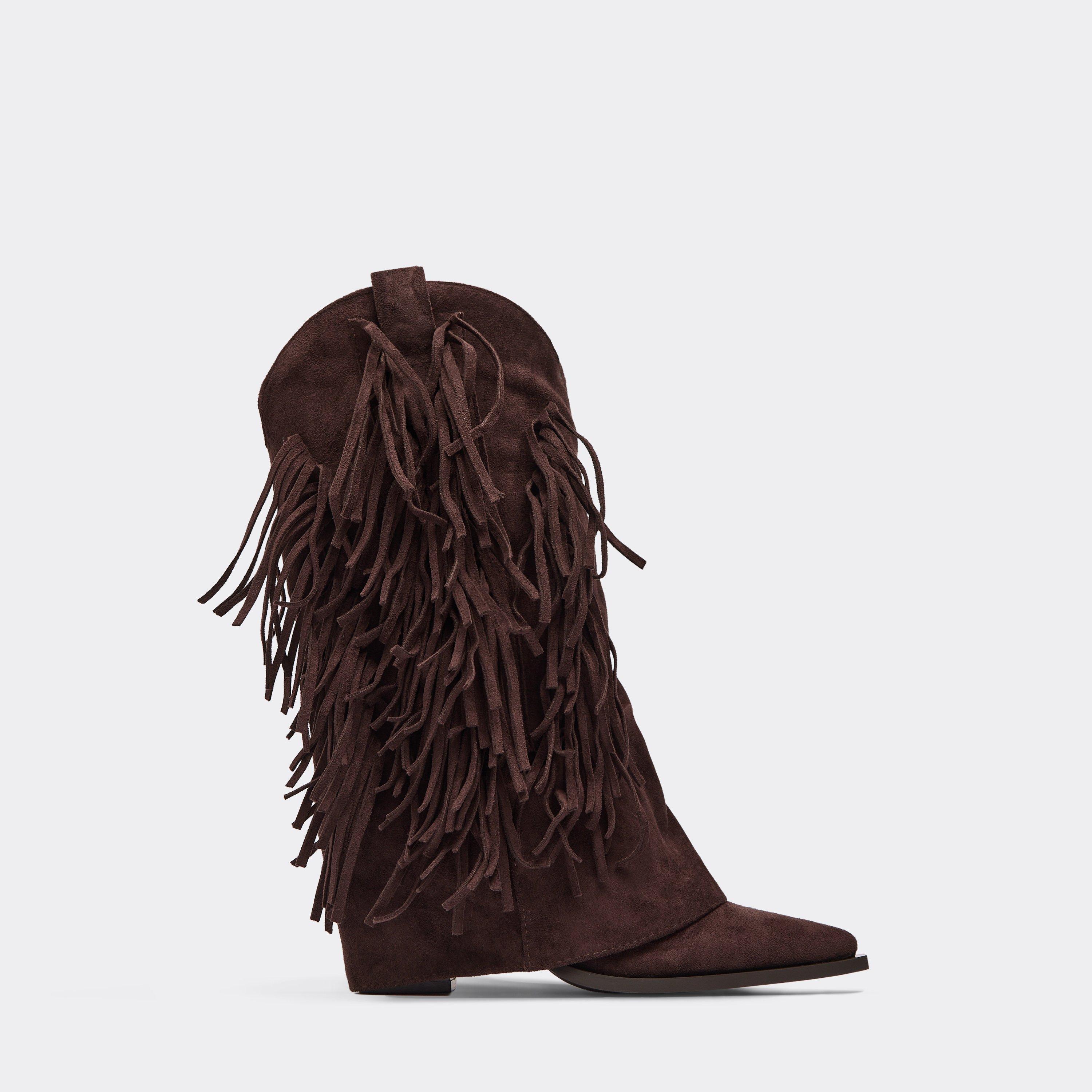 Darra Layered Fringe Detail Pointed Toe Western Cowboy Ankle Boot In Brown Faux Suede, Women’s