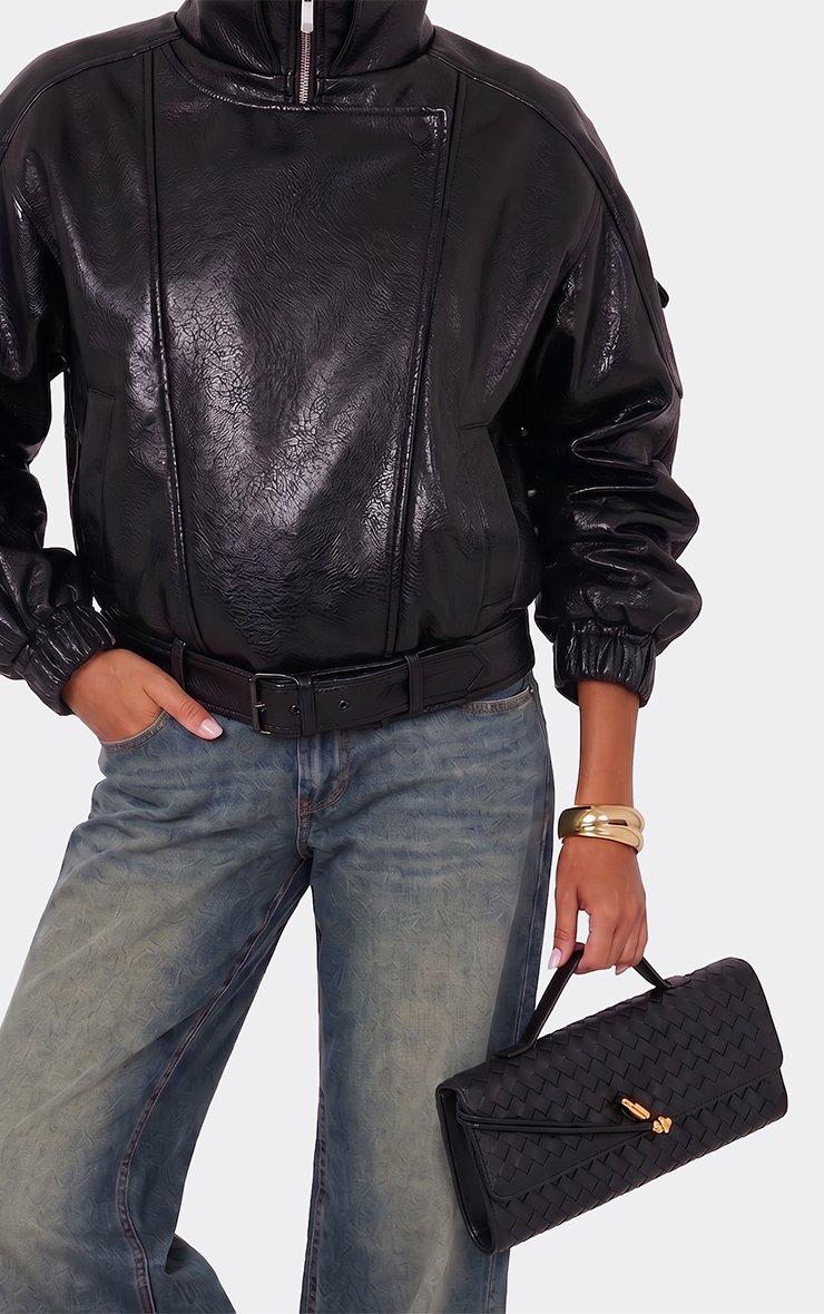 Tori Woven Detail Rectangle Shaped Clutch Bag In Black Faux Leather