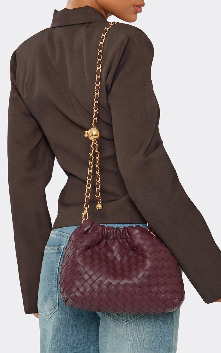 Wander Woven Detail Shaped Cross Body Bag In Burgundy Faux Leather.