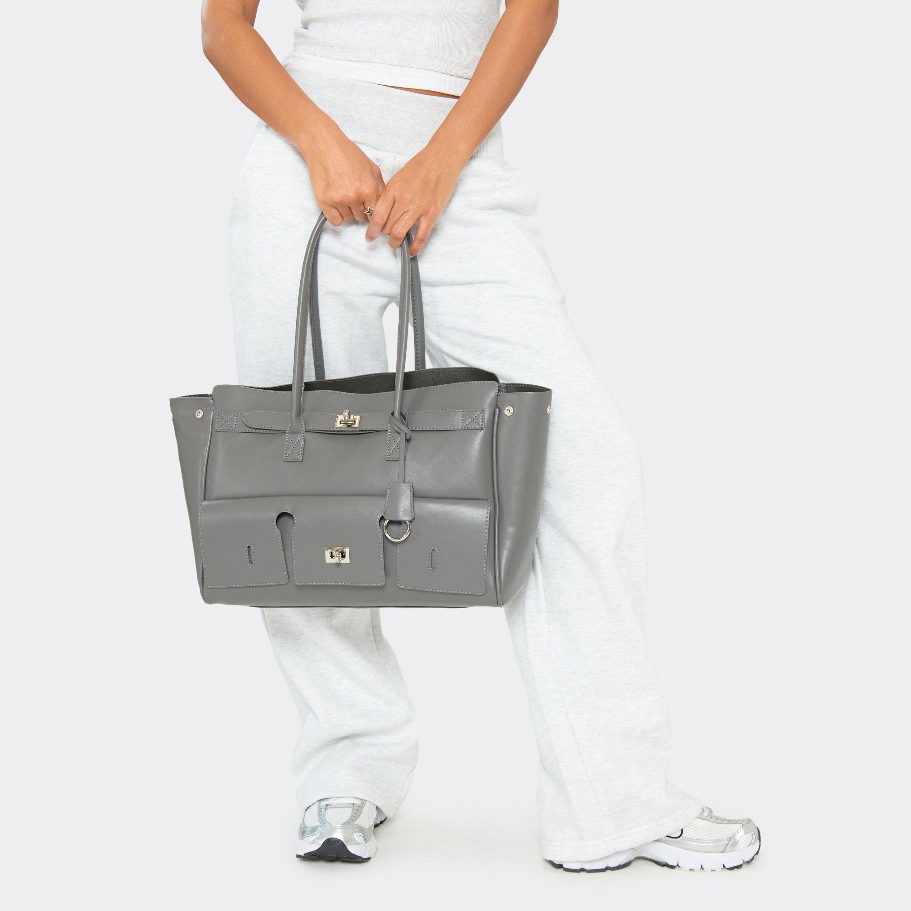 Malta Lock Detail Shaped Shoulder Bag In Grey Faux Leather, Women's Size UK 0