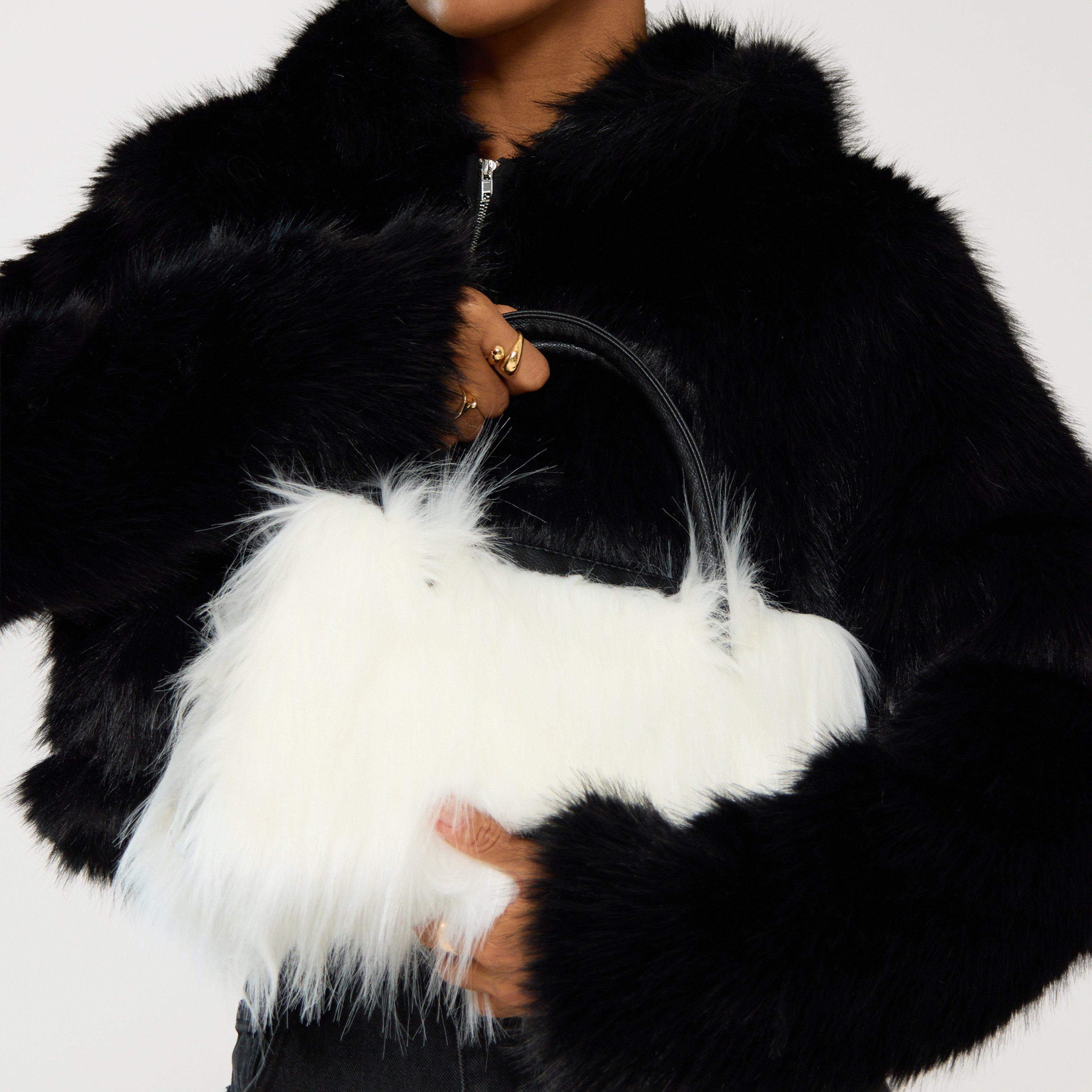 Icey Contrast Detail Shaped Bag In Cream Faux Fur, Women's Size UK 0