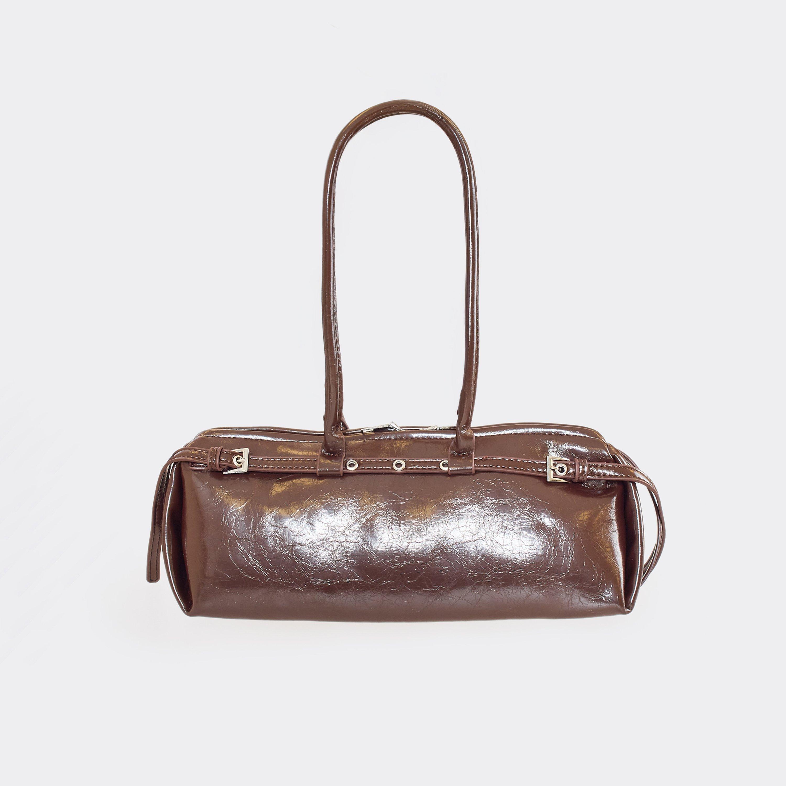 Poma Belt Detail Baguette Shaped Shoulder Bag In Brown Faux Leather, Women’s