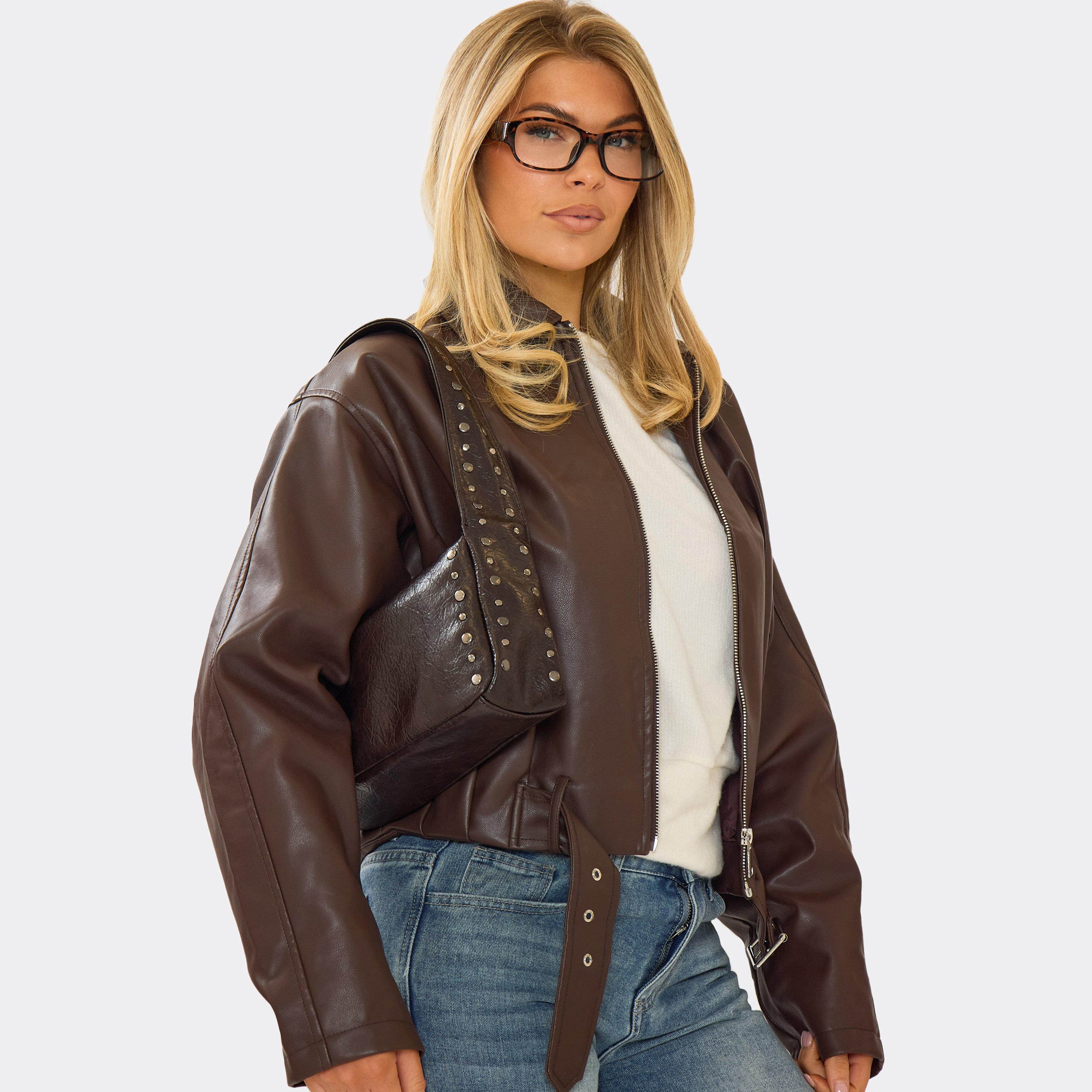 Sauce Stud Detail Rectangle Shaped Shoulder Bag In Brown Faux Leather, Women's Size UK 0