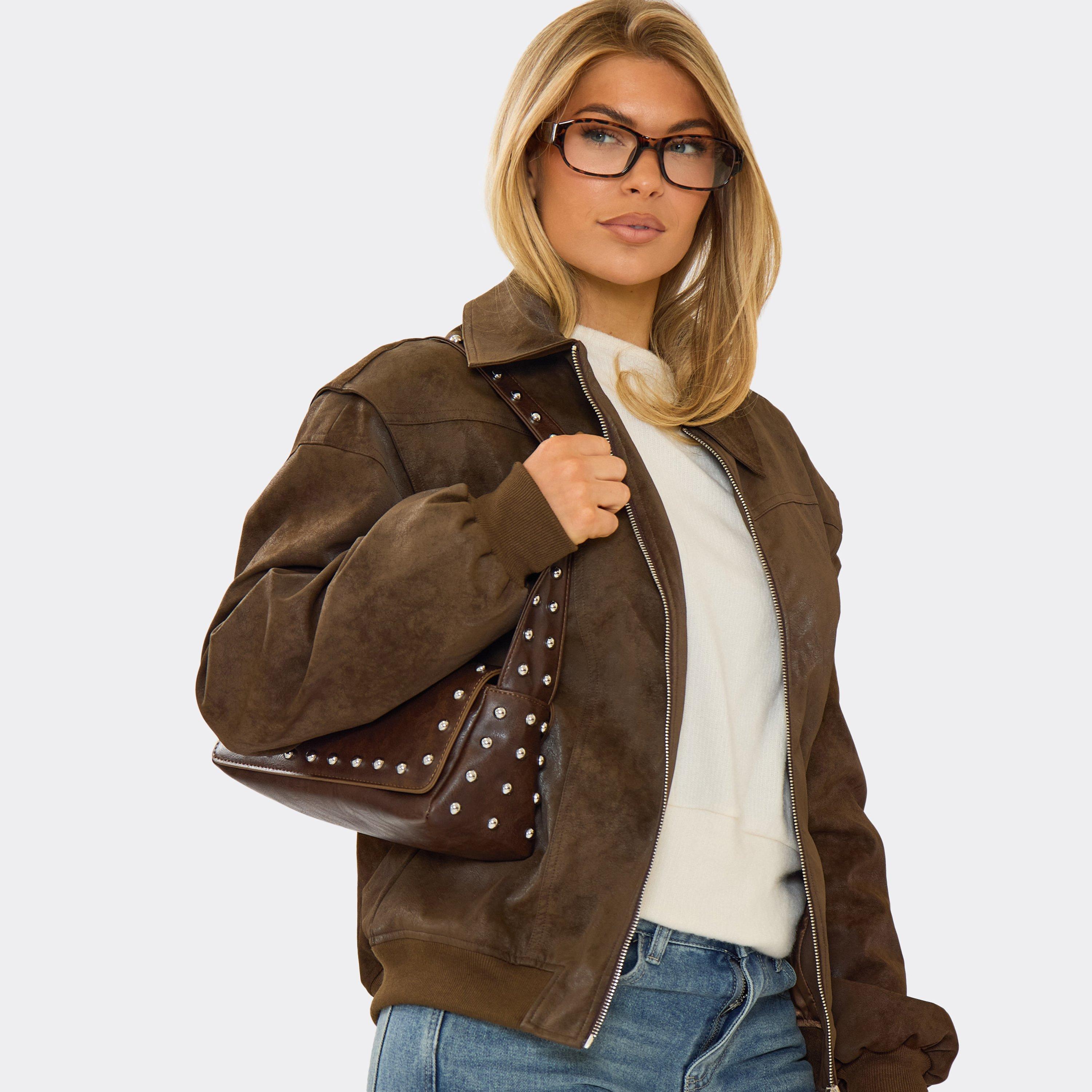 Worker Stud Detail Rectangle Shaped Shoulder Bag In Brown Faux Leather, Women’s