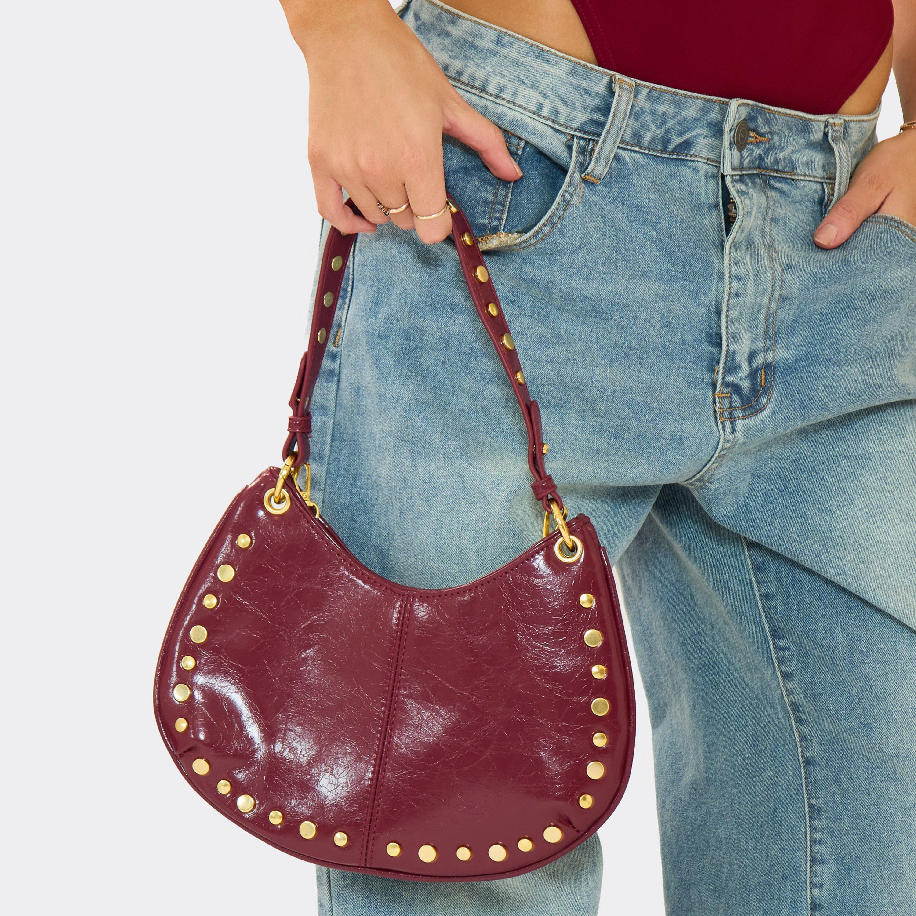 Carmel Stud Detail Half Moon Shaped Shoulder Bag In Burgundy Faux Leather, Women's Size UK 0