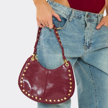 Carmel Stud Detail Half Moon Shaped Shoulder Bag In Burgundy Faux Leather, Women's Size US