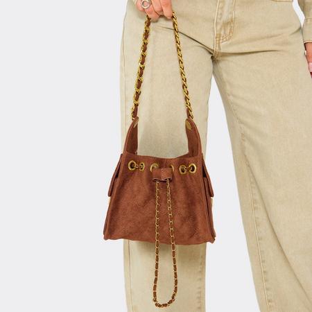 Smash Chain Strap Detail Shaped Shoulder Bag In Brown Faux Suede, Women's Size US