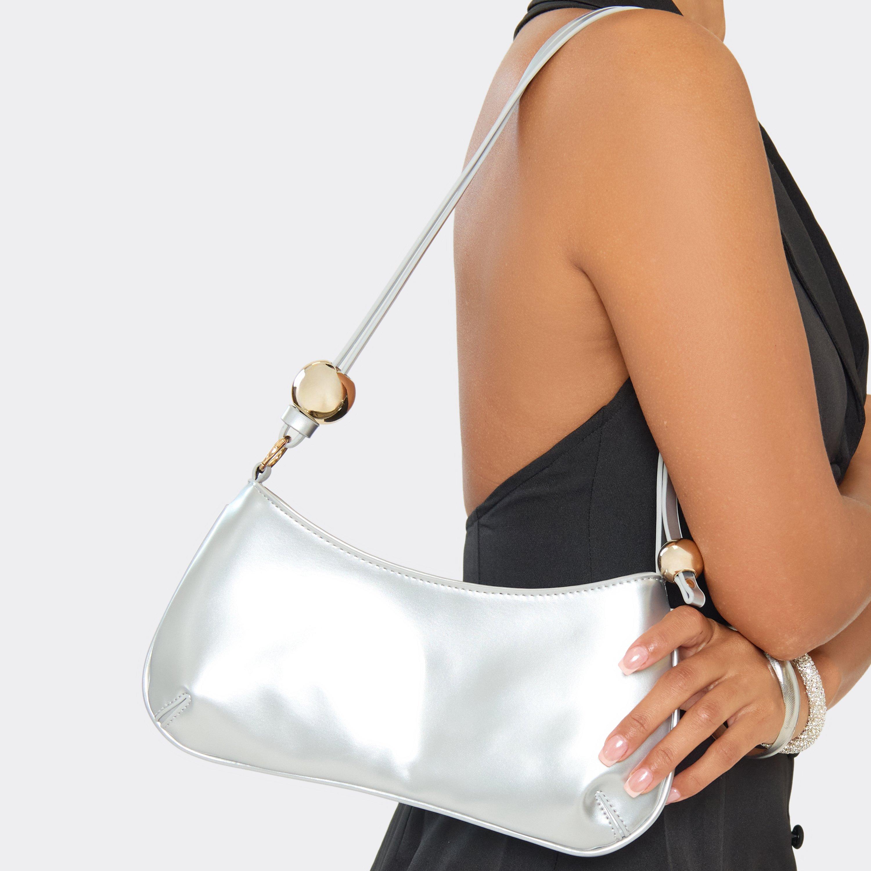 Melodies Bead Strap Detail Shaped Shoulder Bag In Silver Faux Leather, Women's Size UK 0