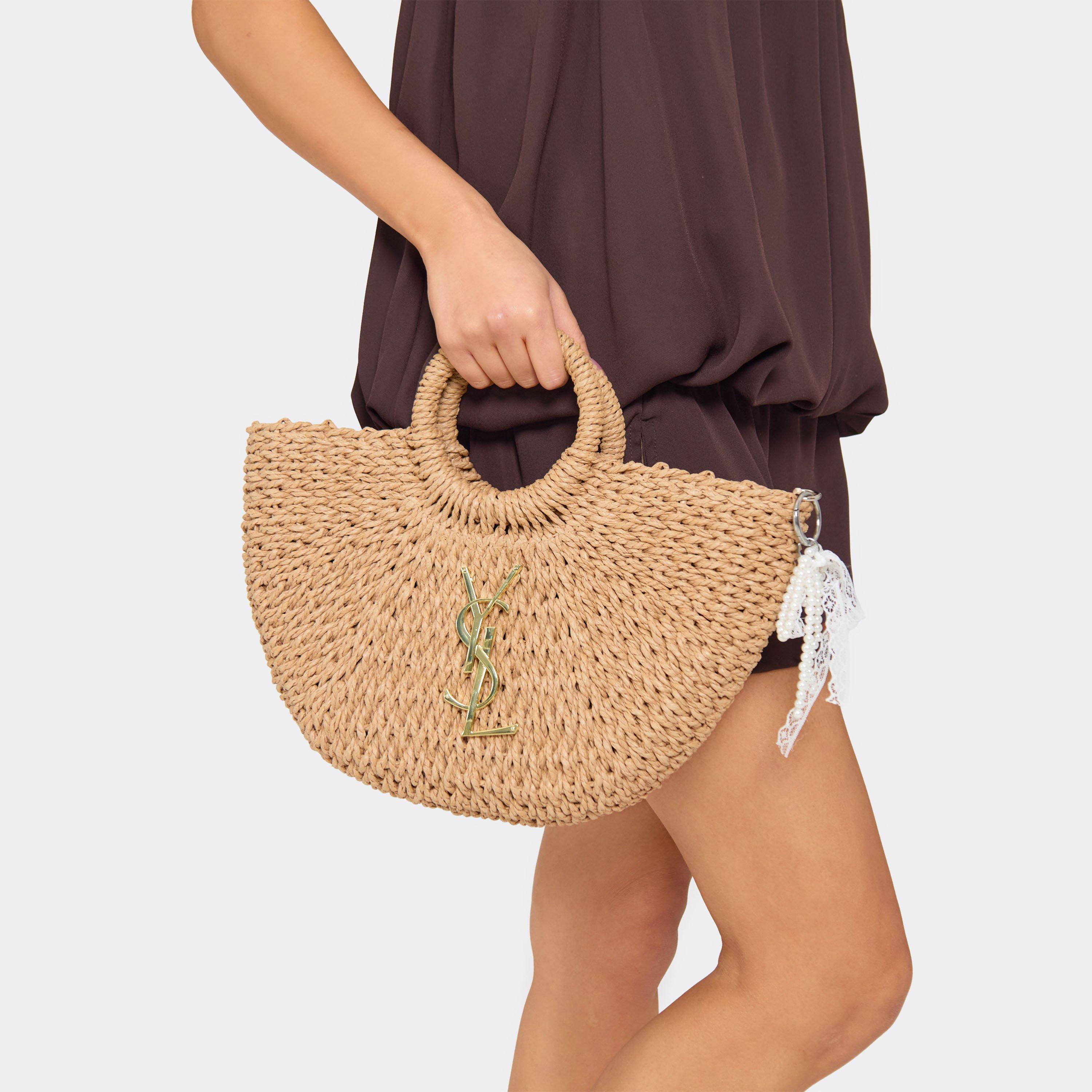 Irvina Logo Detail Round Handle Half Moon Shaped Bag In Beige Woven, Women's Size UK 0