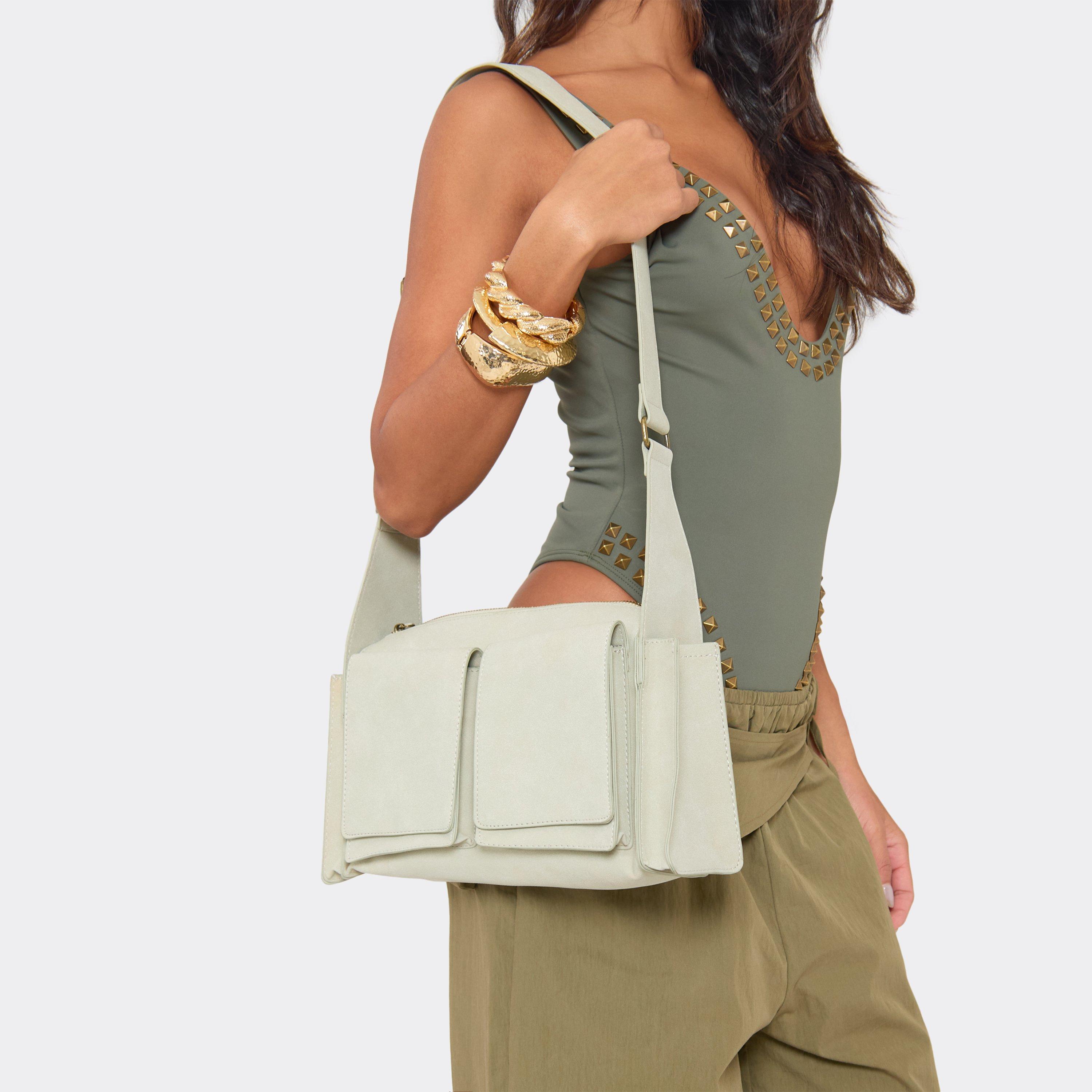 Binx Pocket Detail Rectangle Shaped Shoulder Bag In Pale Sage Green Faux Suede, Women's Size UK 0