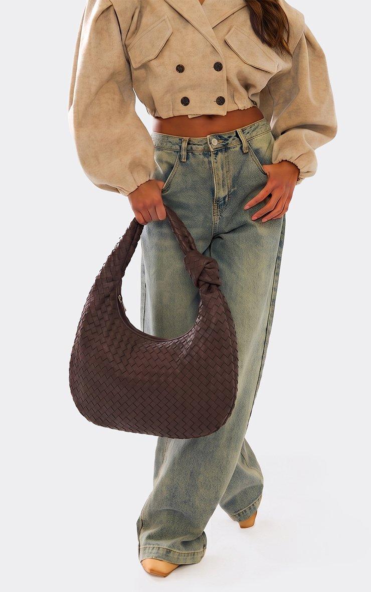Etta Knotted Strap Woven Detail Shoulder Bag In Brown Faux Suede.